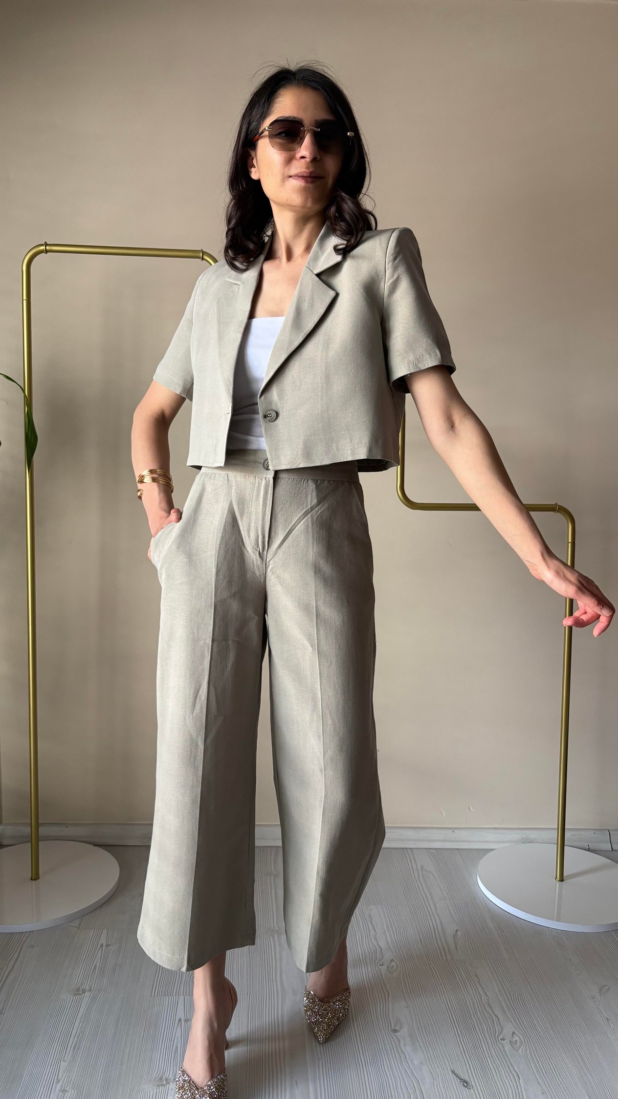 Küf yeşil Kısa kol Blazer Pantolon Takım