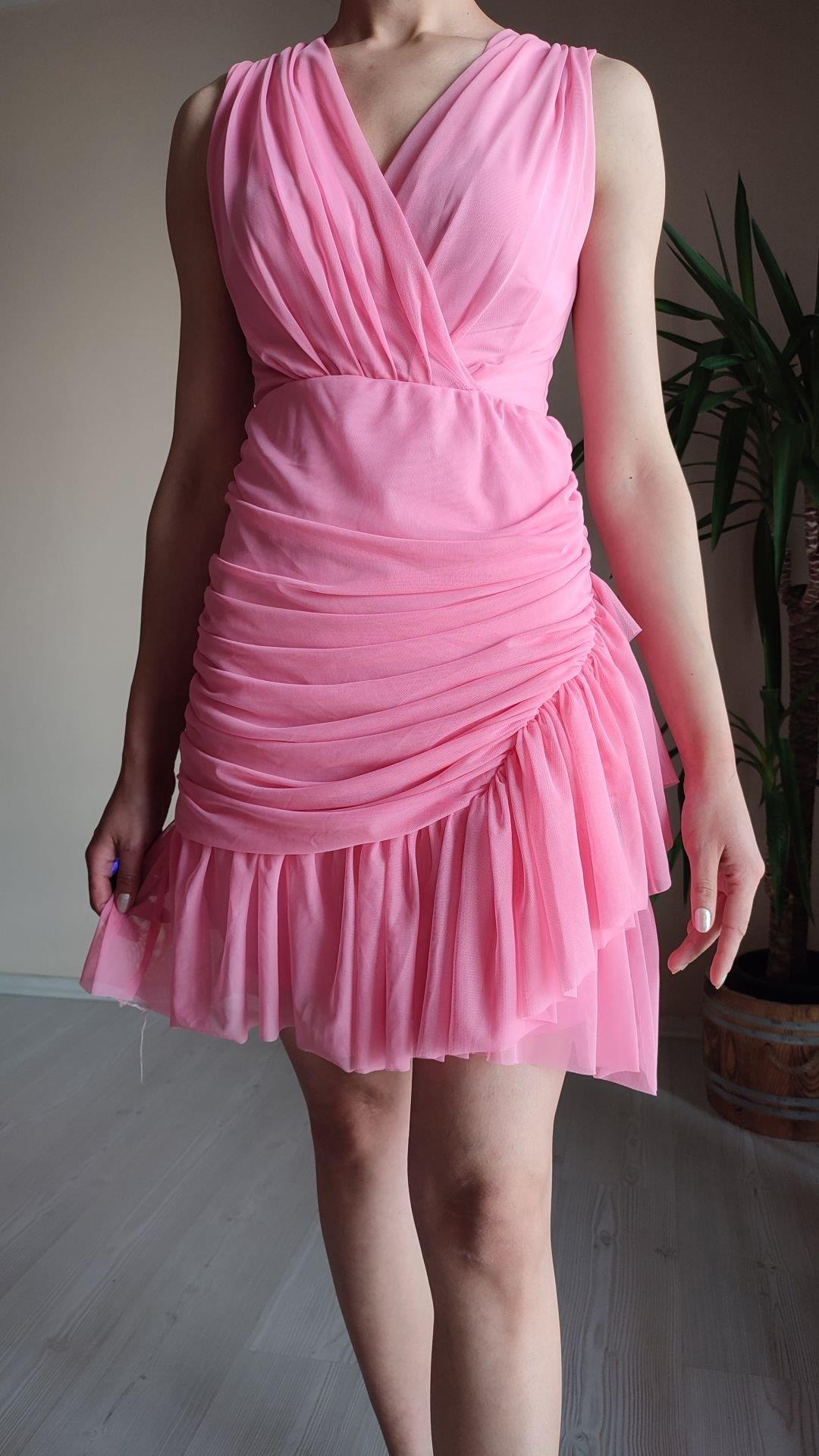 Pembe Drapeli tül Elbise