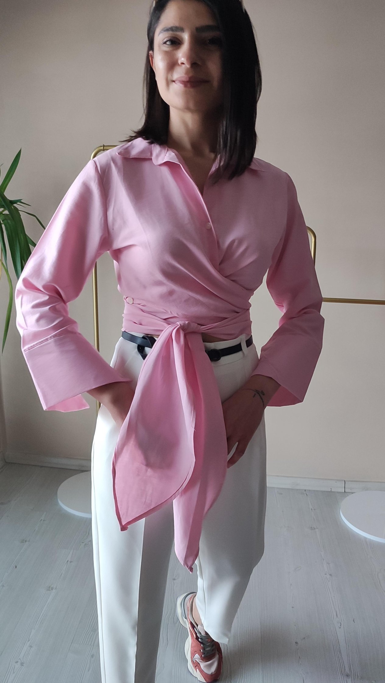 Pembe poplin Bağlamalı Gömlek 