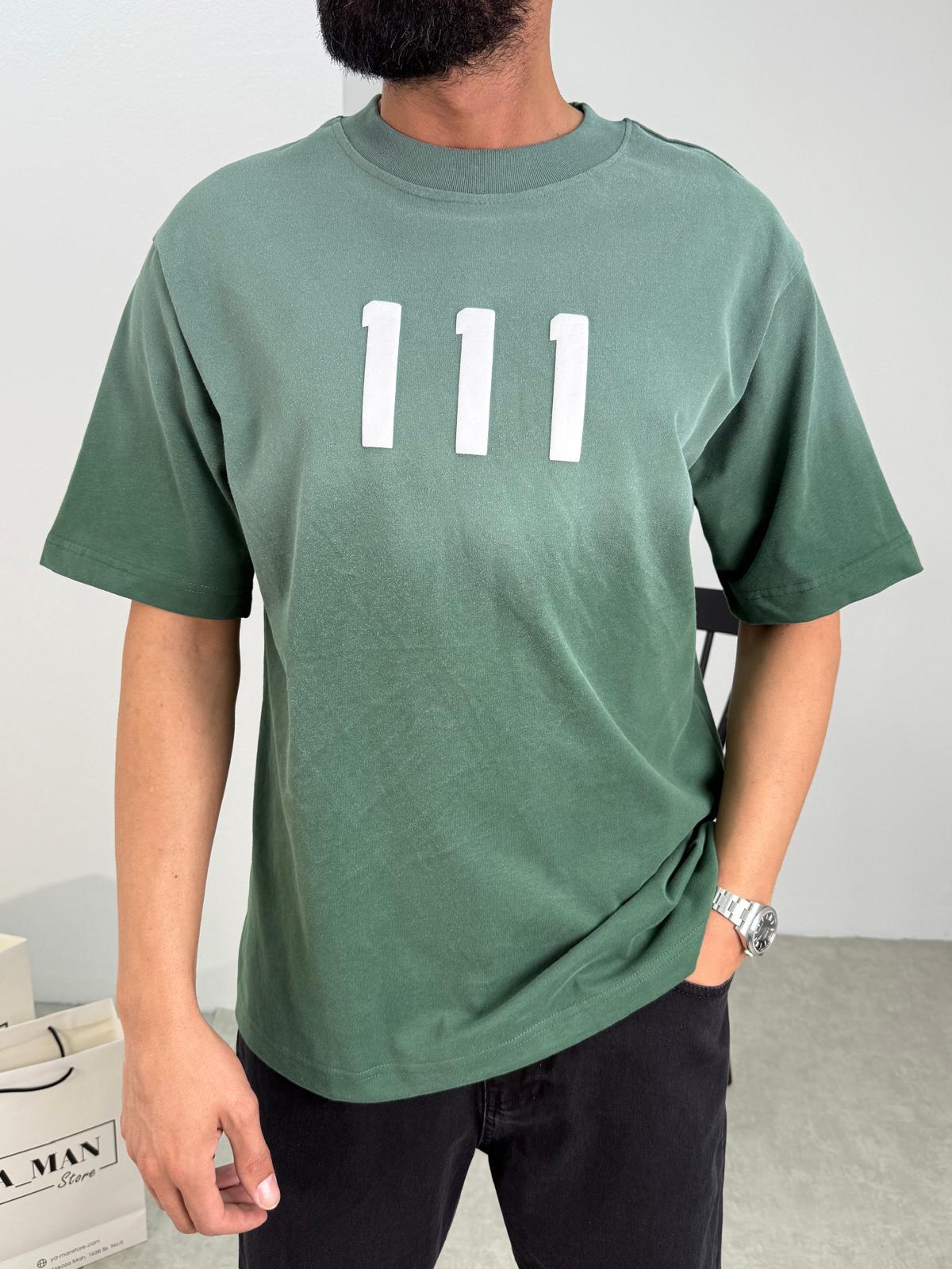 111 Baskılı Yıkamalı T-Shirt Haki