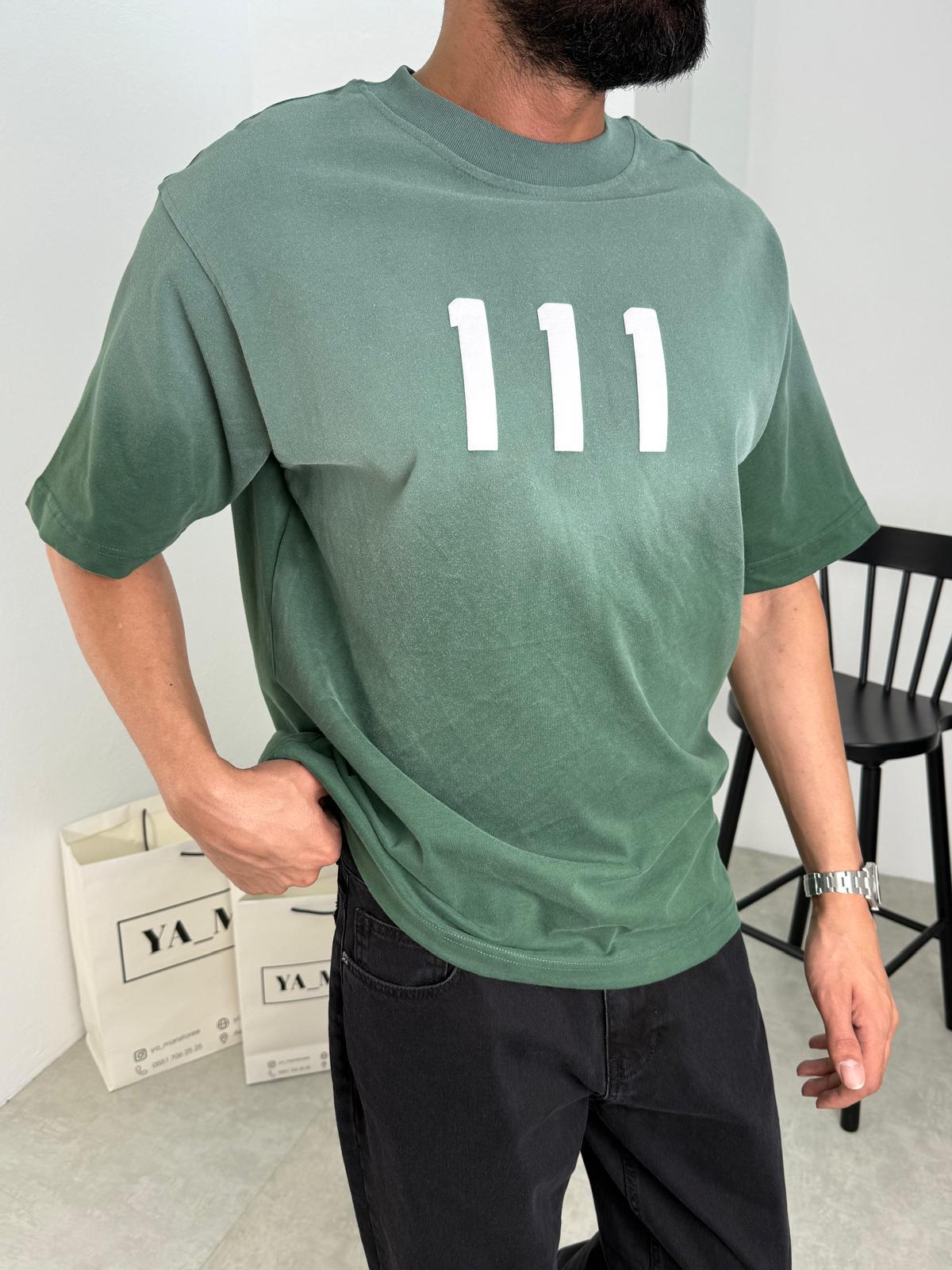 111 Baskılı Yıkamalı T-Shirt Haki