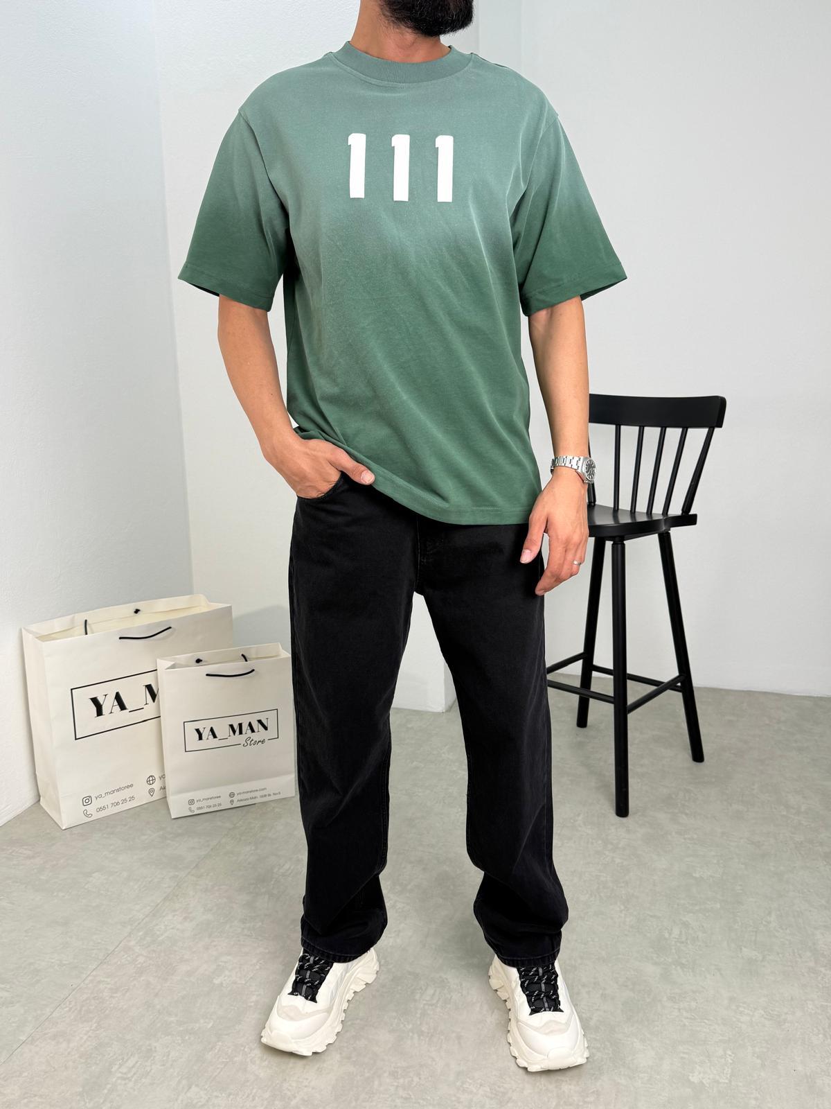 111 Baskılı Yıkamalı T-Shirt Haki