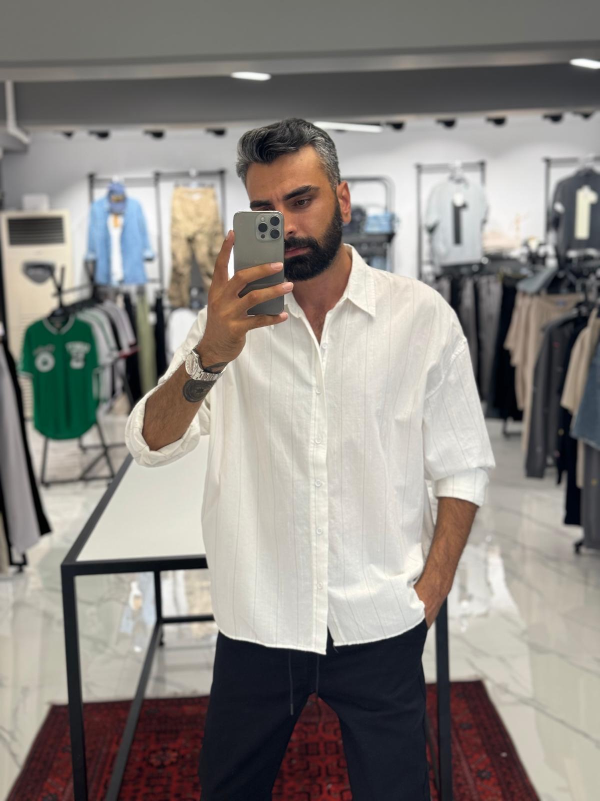 Çizgi Detaylı Rahat Kalıp Uzun Kol Gömek Beyaz