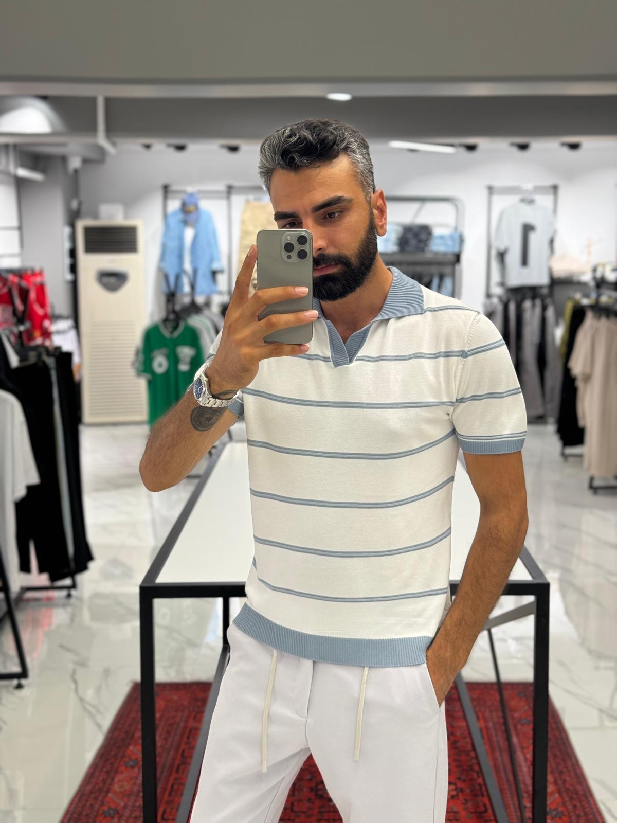 Çizgili Polo Yaka Pamuk Kumaş Beyaz