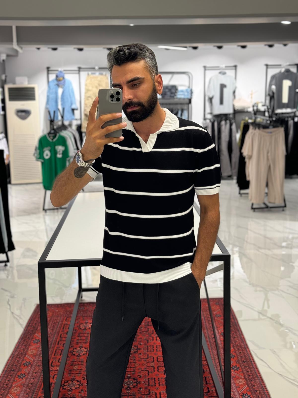 Çizgili Polo Yaka Pamuk Kumaş Siyah