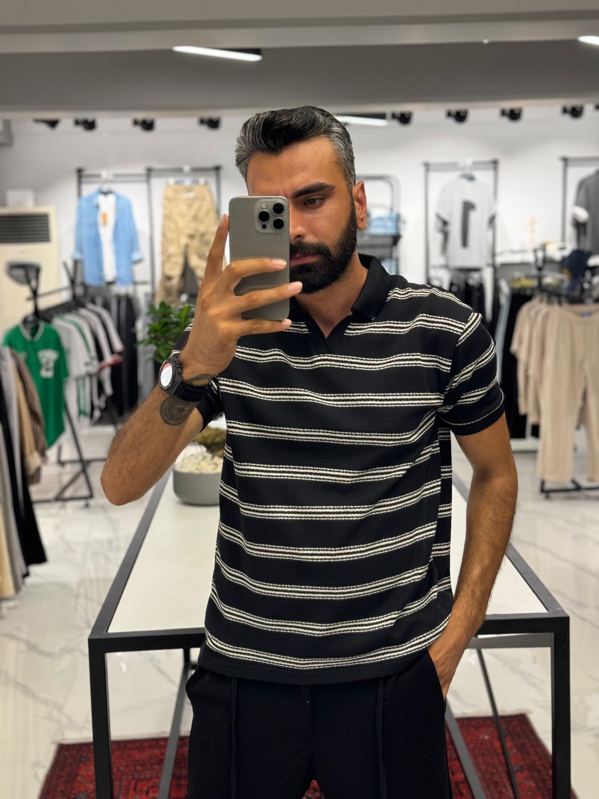 Çizgili Polo Yaka Pamuk Kumaş Siyah