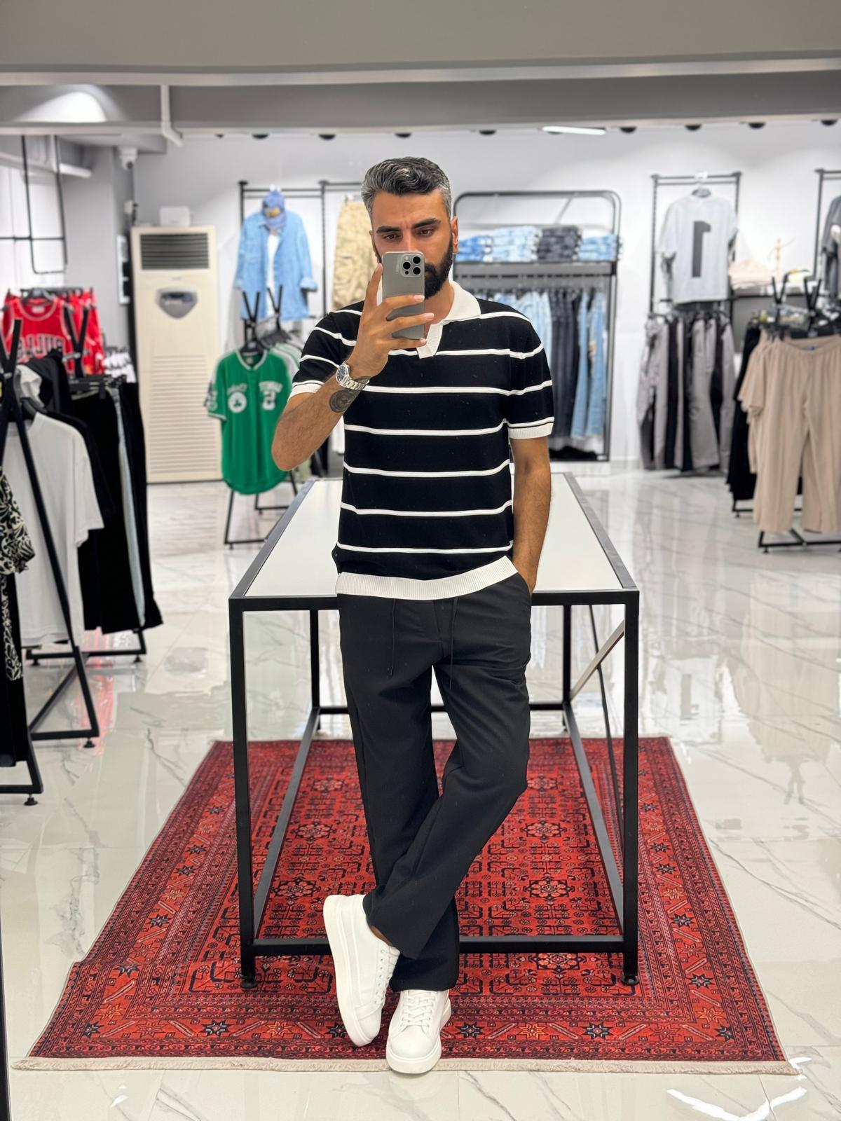 Çizgili Polo Yaka Pamuk Kumaş Siyah