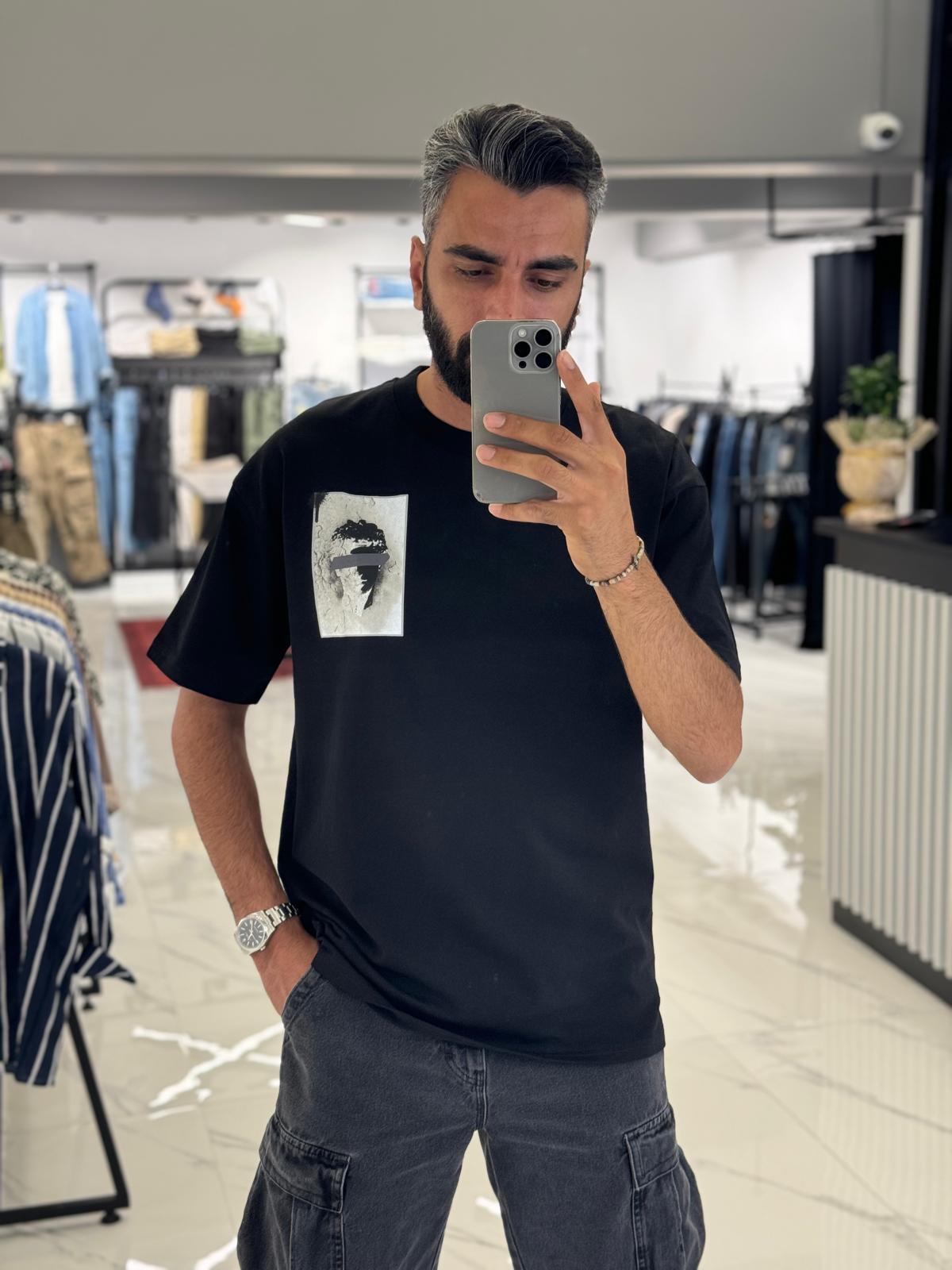 Desenli Oversize Tişört Siyah