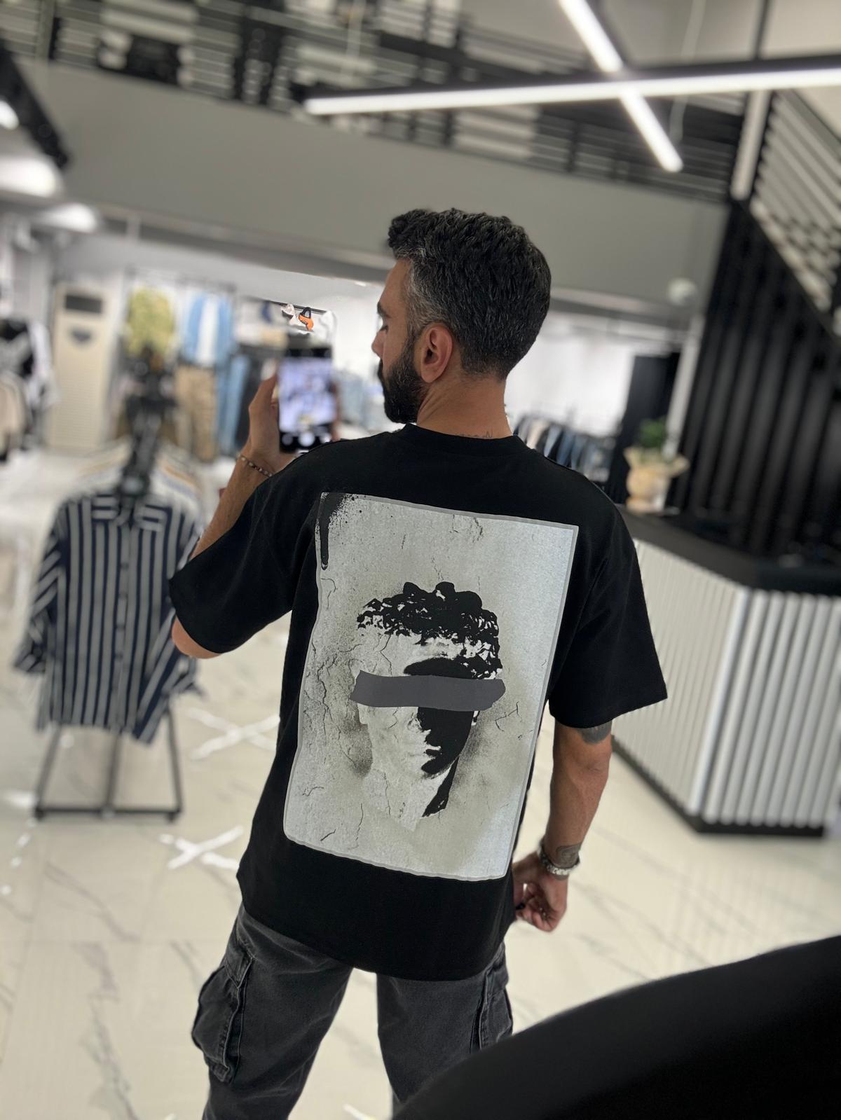 Desenli Oversize Tişört Siyah