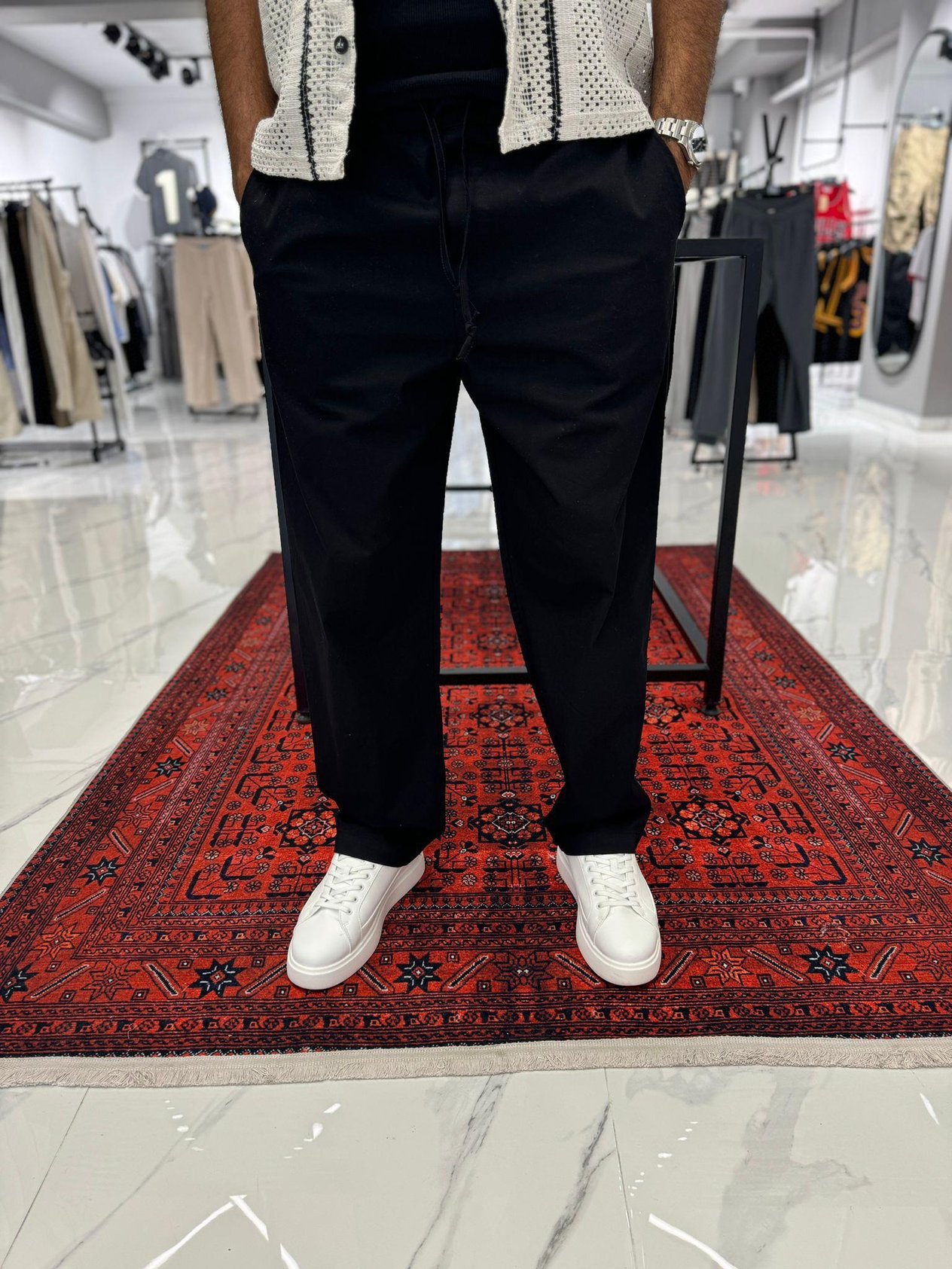 Gabardin Kumaş Bol Paça Kot Pantolon Siyah