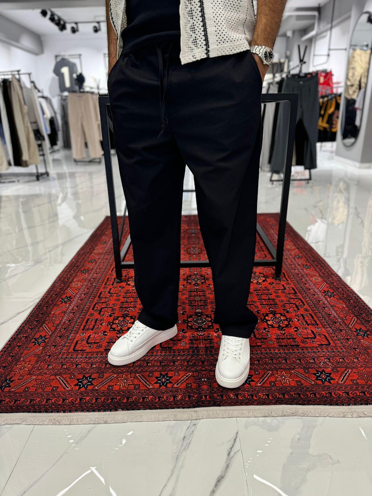 Gabardin Kumaş Bol Paça Kot Pantolon Siyah