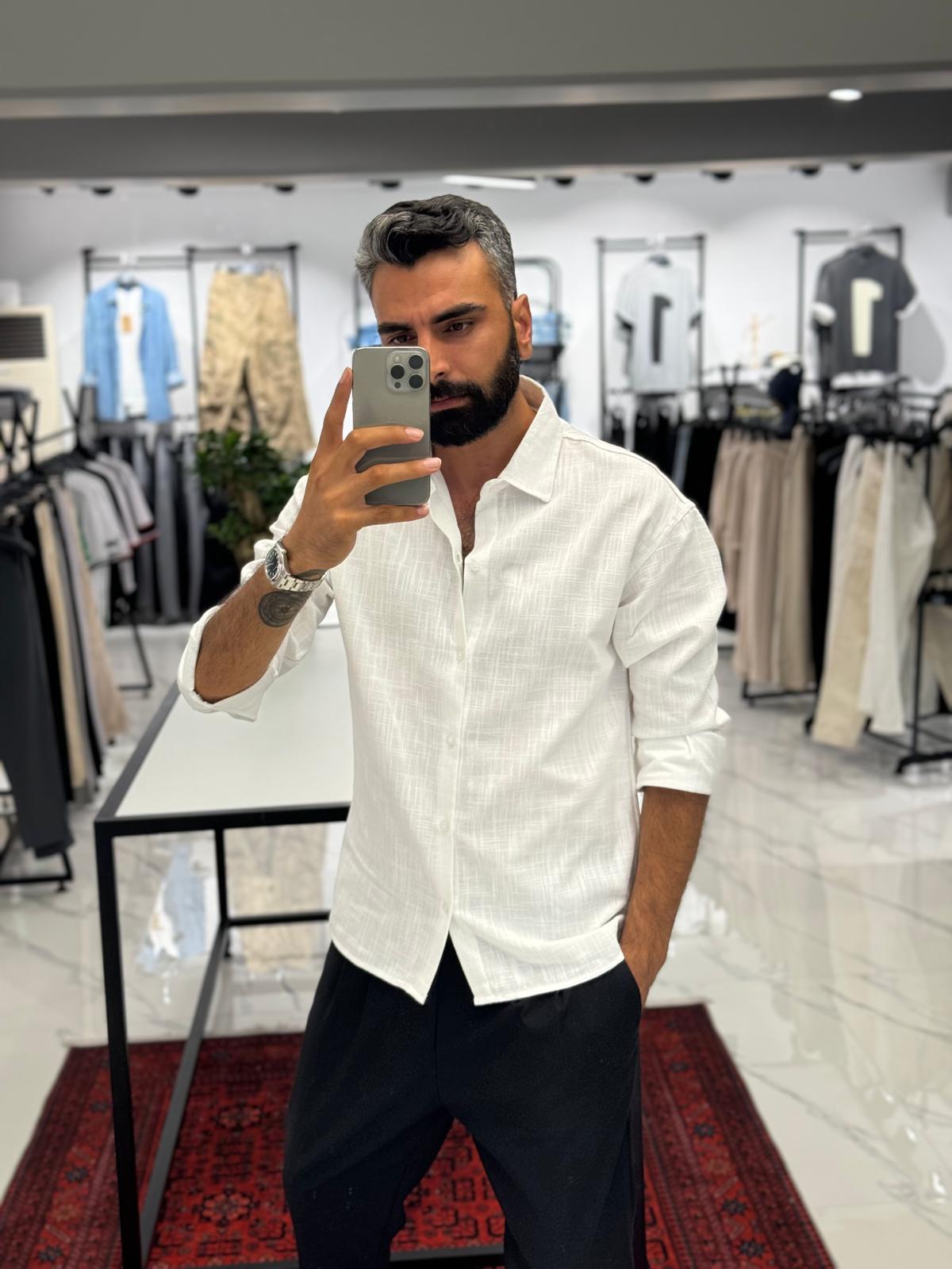 Keten Kumaş Gömlek Beyaz
