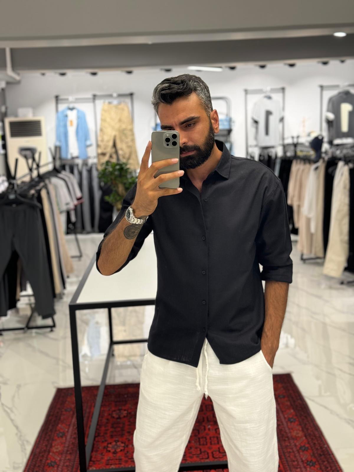 Keten Kumaş Gömlek Siyah