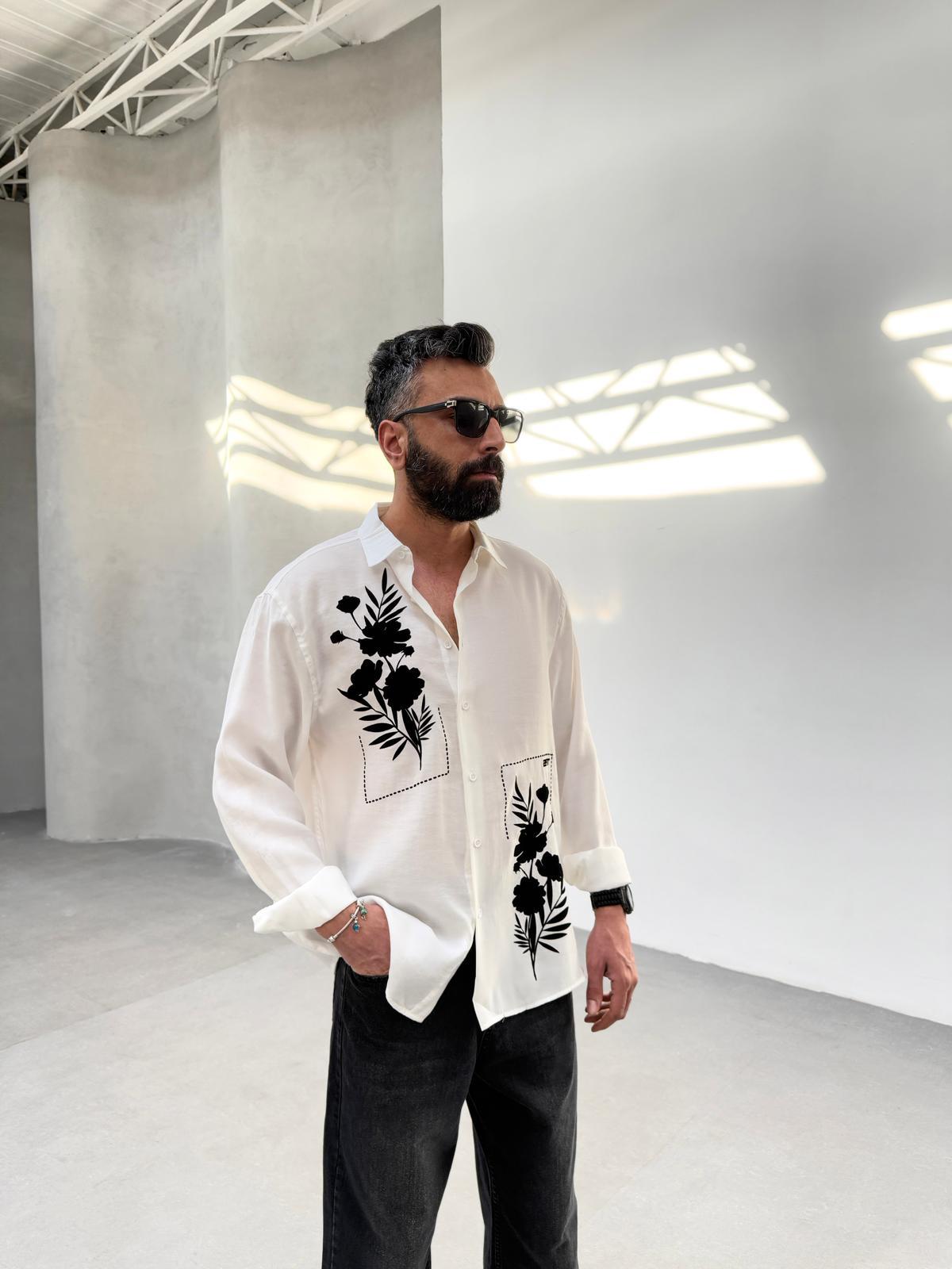 Oversize Çiçek Baskılı Gömlek Beyaz