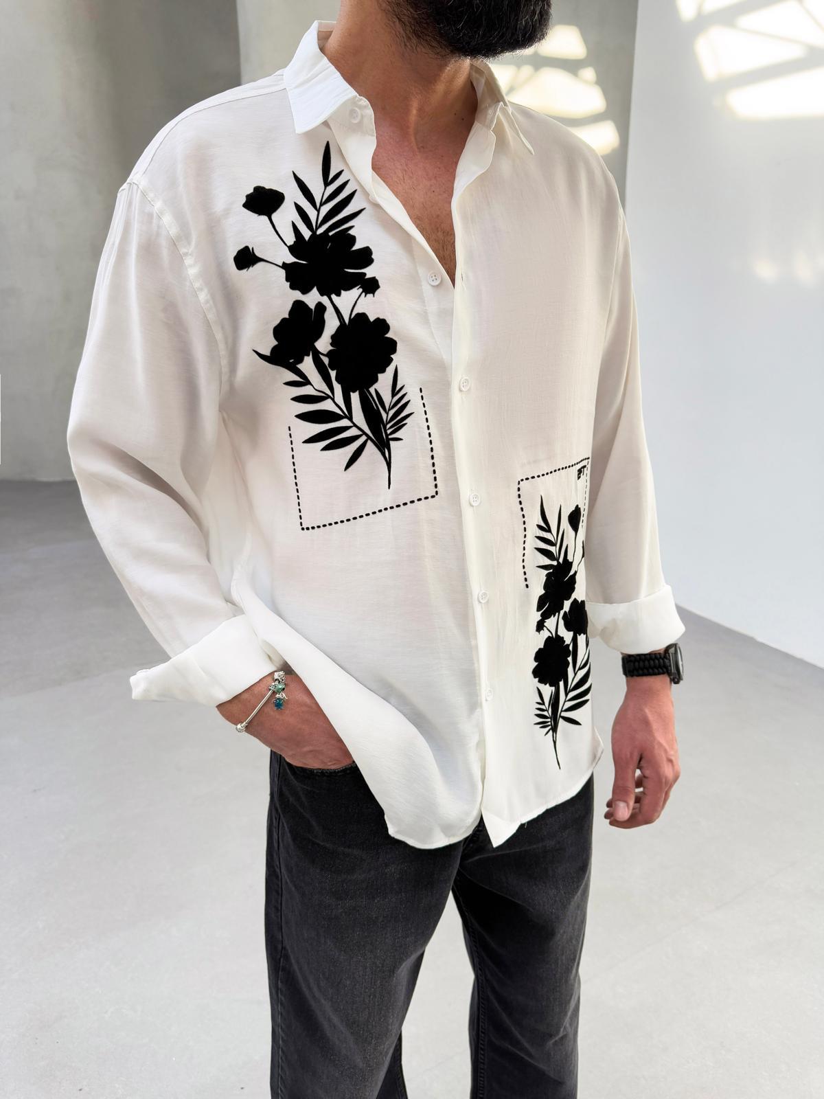 Oversize Çiçek Baskılı Gömlek Beyaz