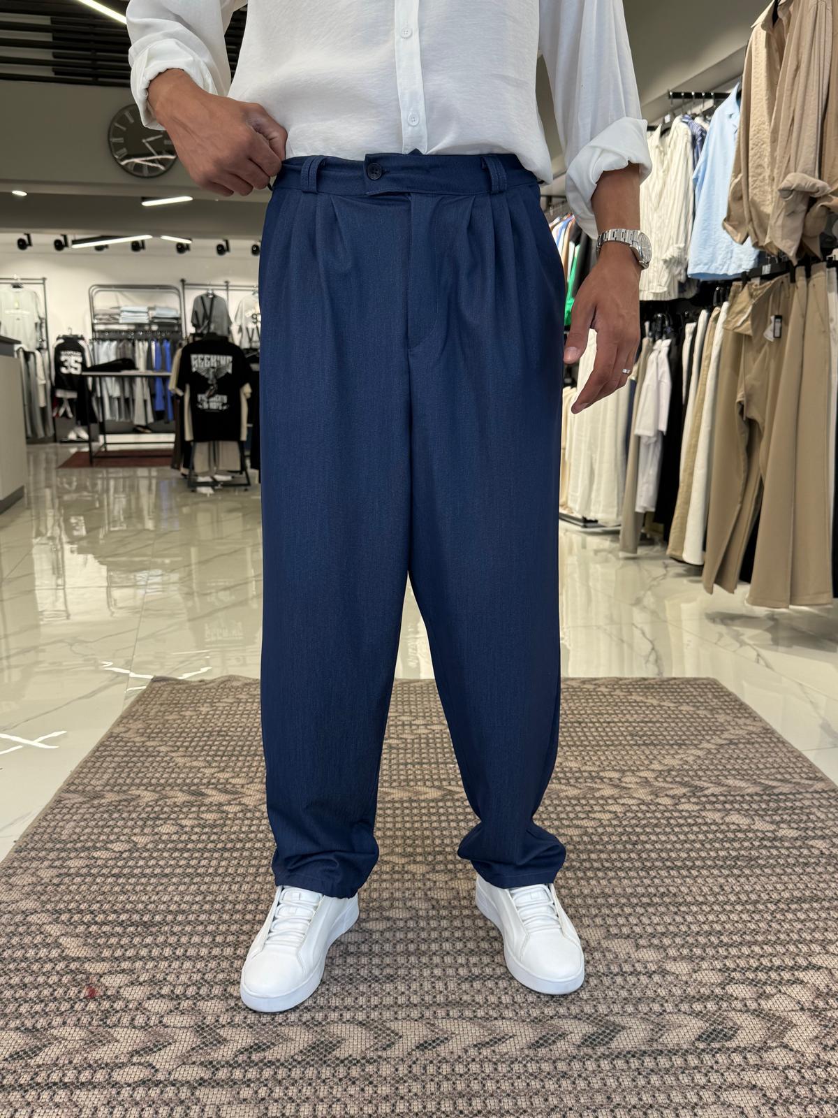 Pile Detaylı Çift Düğmeli Baggy Kalıp Kumaş Pantolon Lacivert