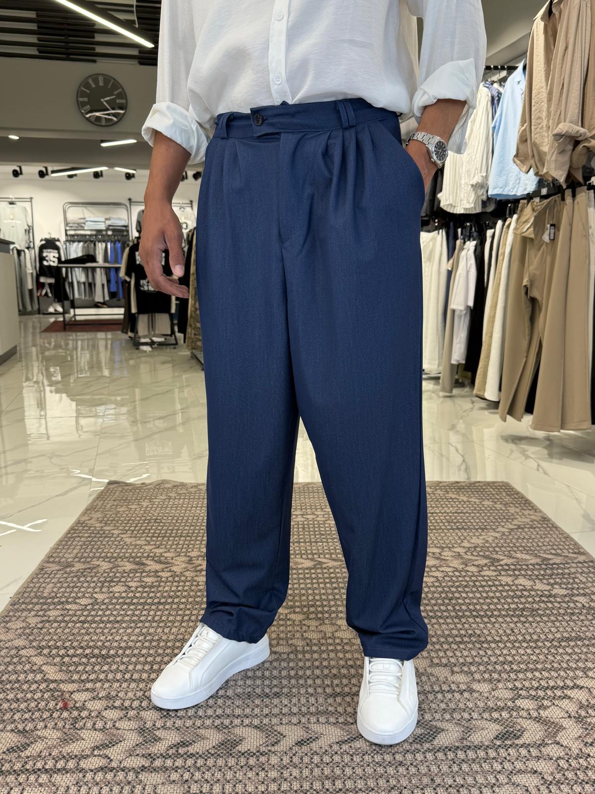 Pile Detaylı Çift Düğmeli Baggy Kalıp Kumaş Pantolon Lacivert