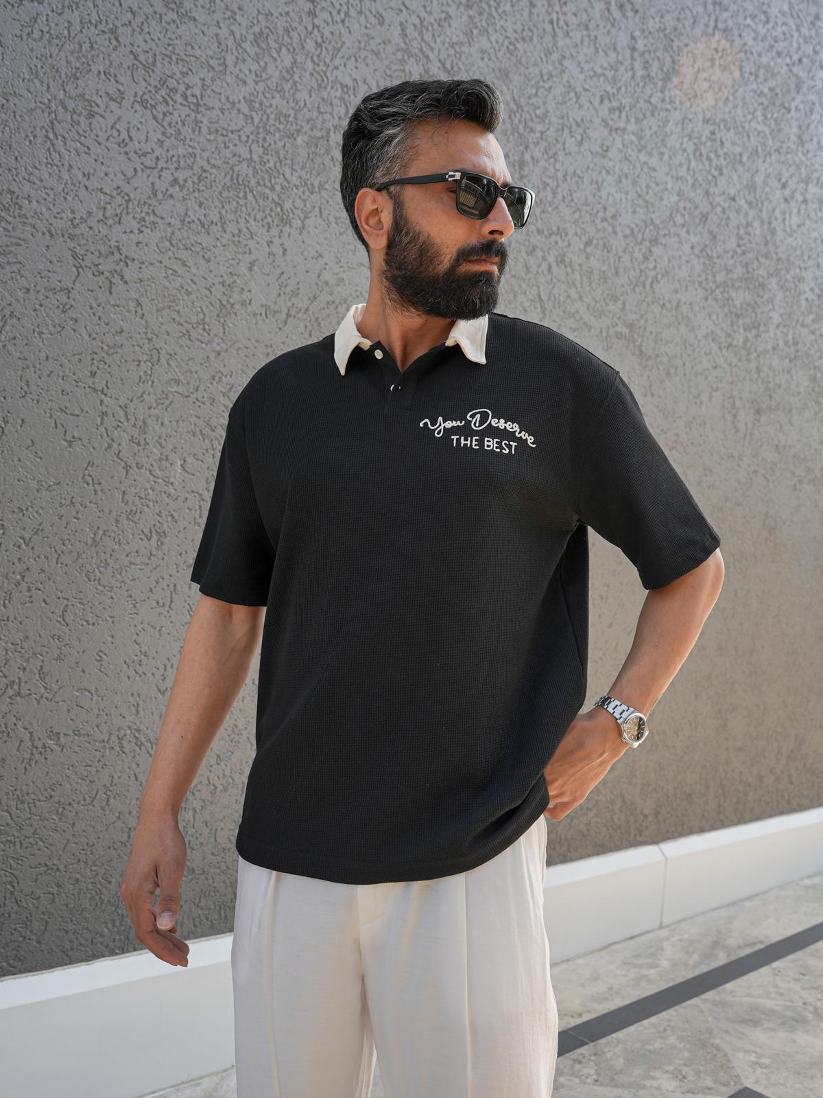 Polo Yaka Nakış Detaylı Triko T- Shirt Siyah