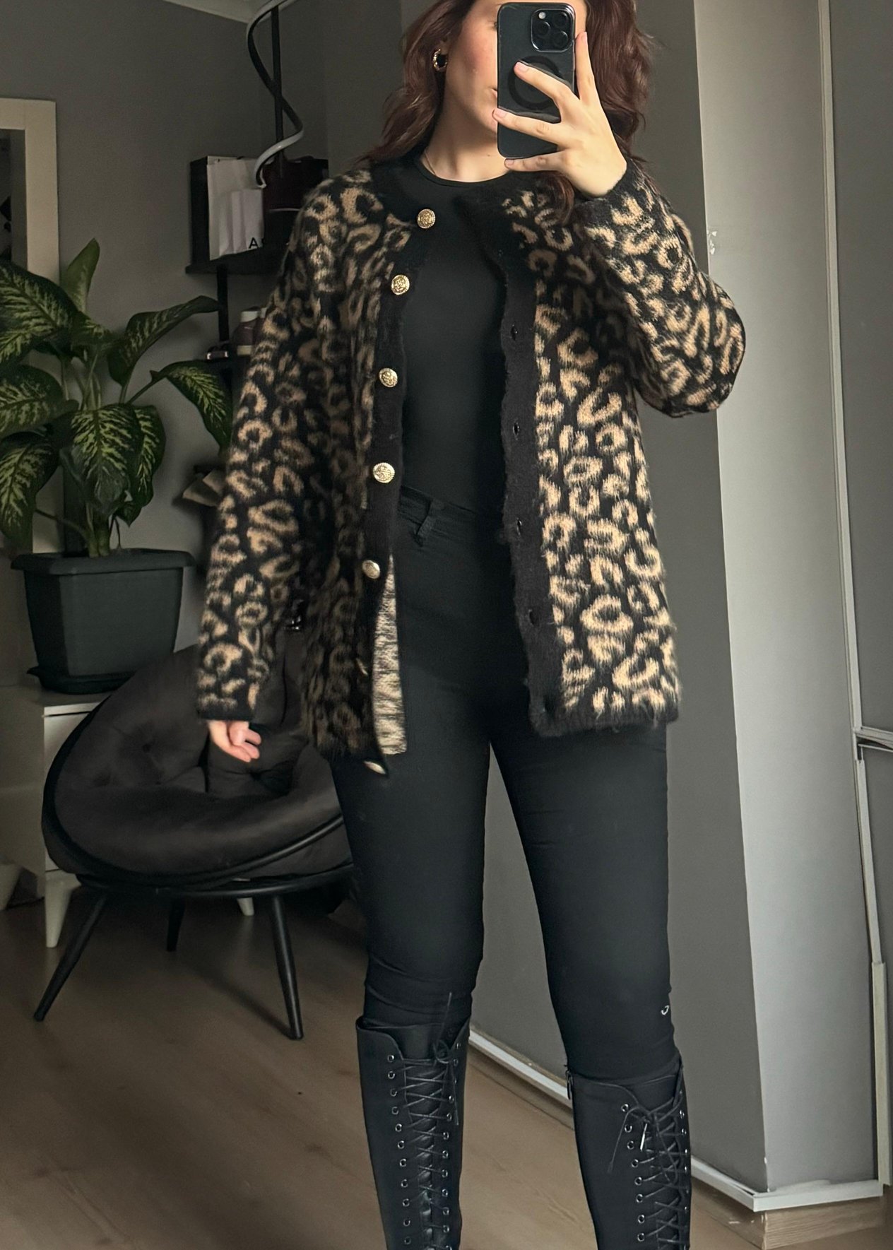 Leopar Desenli Triko Hırka -KahverengiHırka