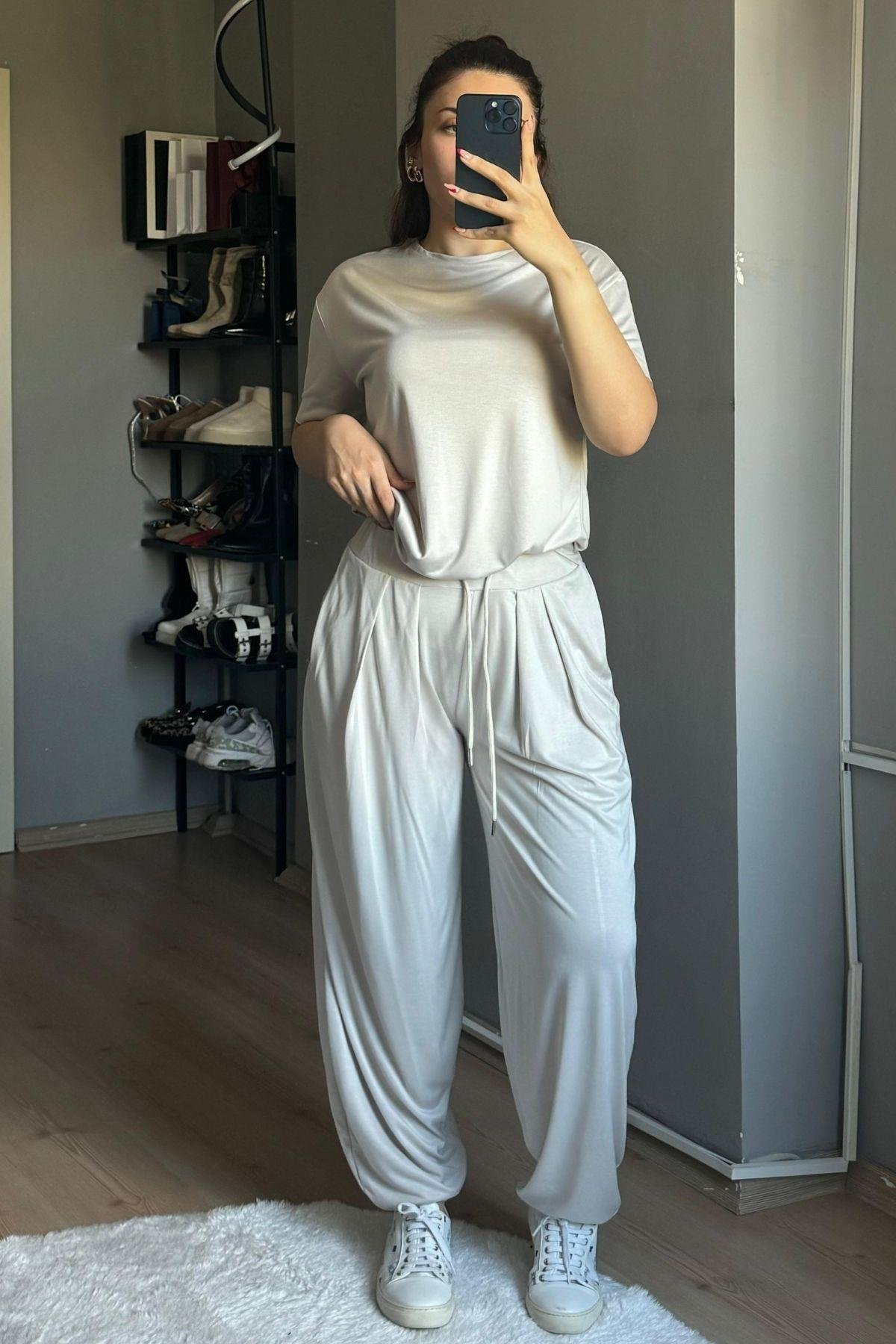 Şalvar Model Modal Takım -BejAlt - Üst Takım