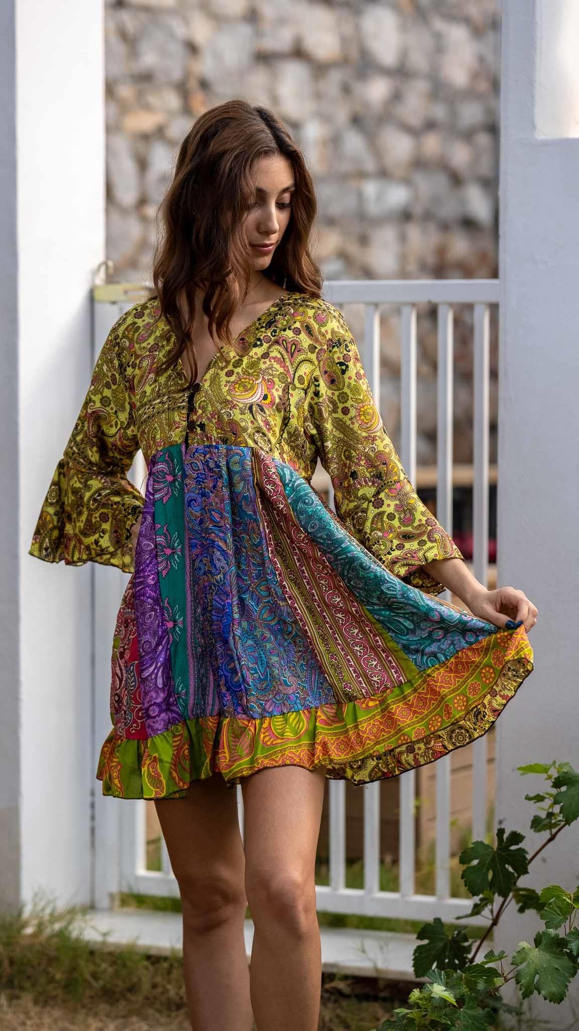 İthal Özel Tasarım Üç Düğmeli Patchwork Rayon Bluz