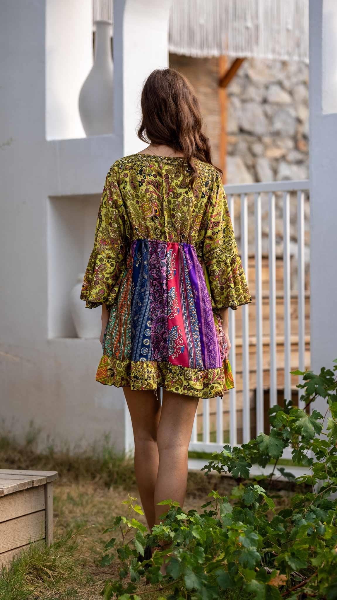 İthal Özel Tasarım Üç Düğmeli Patchwork Rayon Bluz