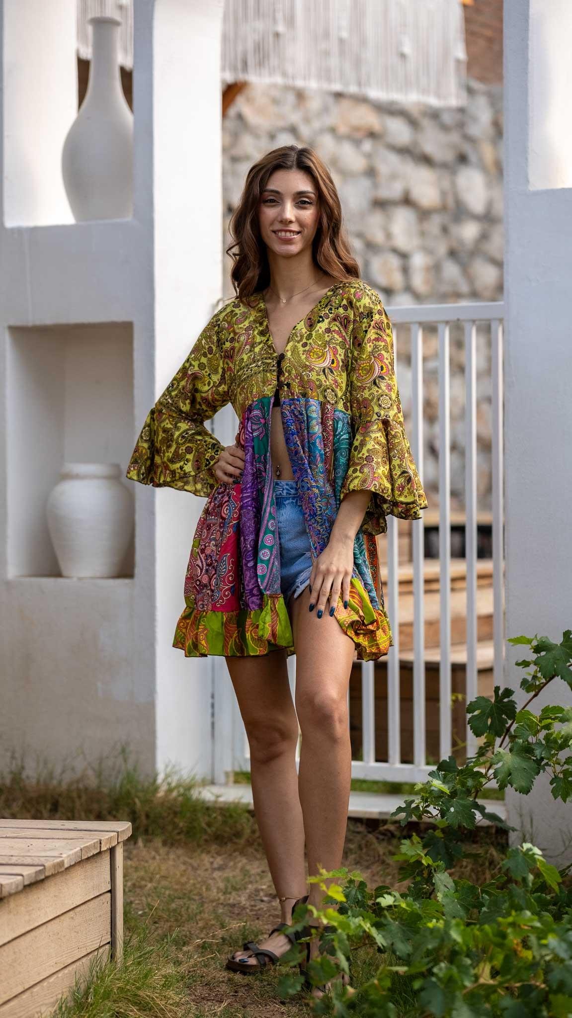 İthal Özel Tasarım Üç Düğmeli Patchwork Rayon Bluz