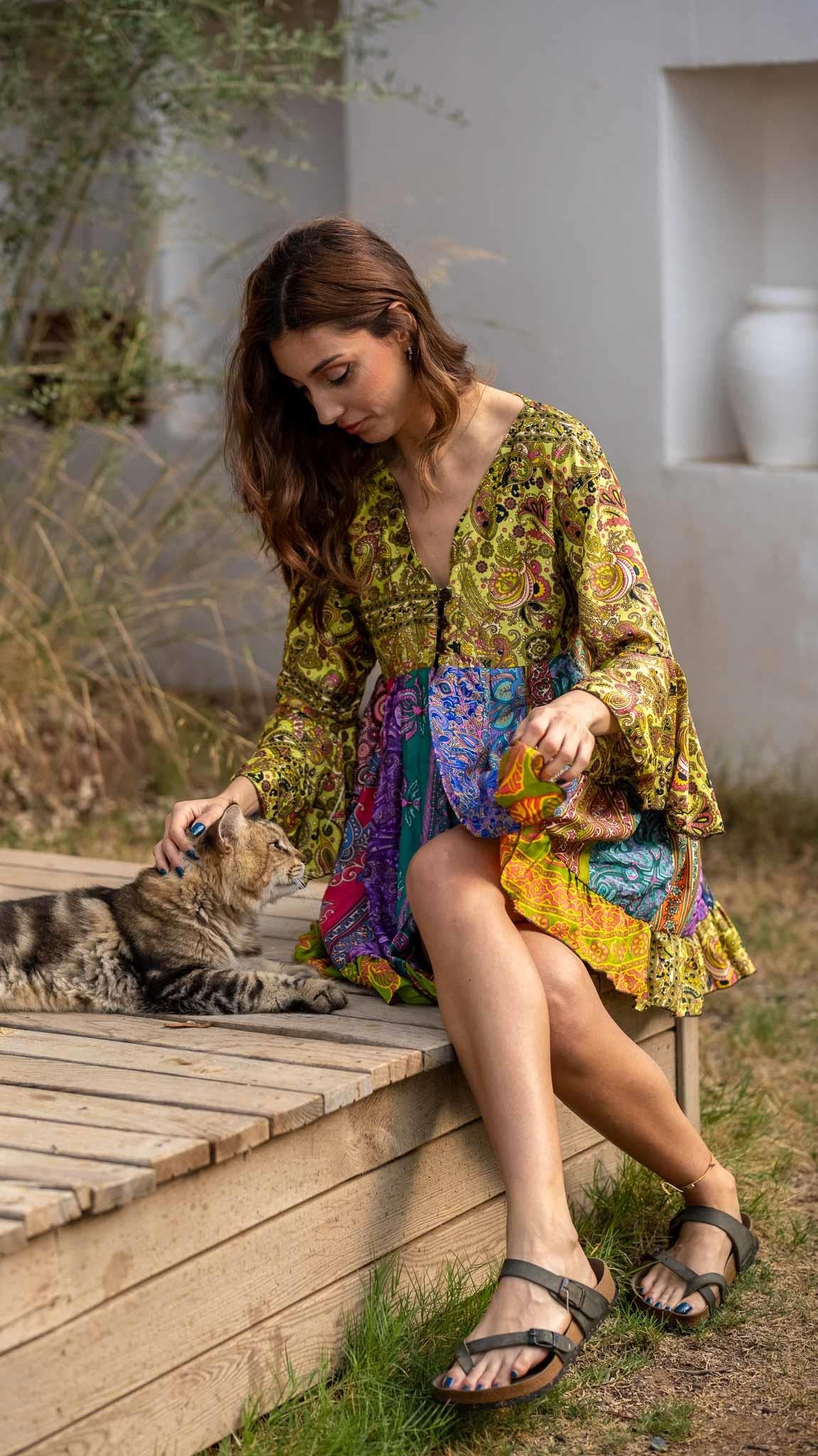 İthal Özel Tasarım Üç Düğmeli Patchwork Rayon Bluz