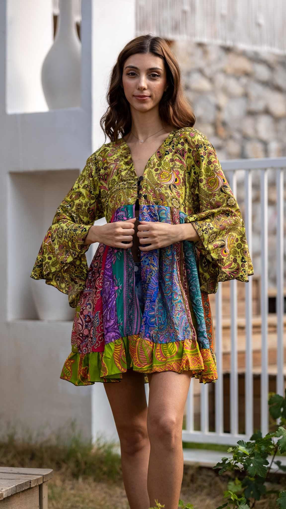 İthal Özel Tasarım Üç Düğmeli Patchwork Rayon Bluz