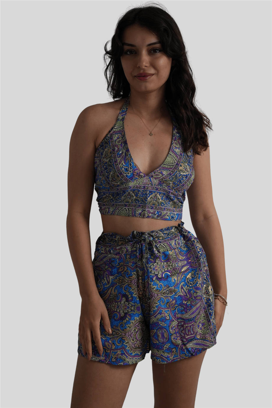 Mavi Gold Detaylı Şort Crop Takım