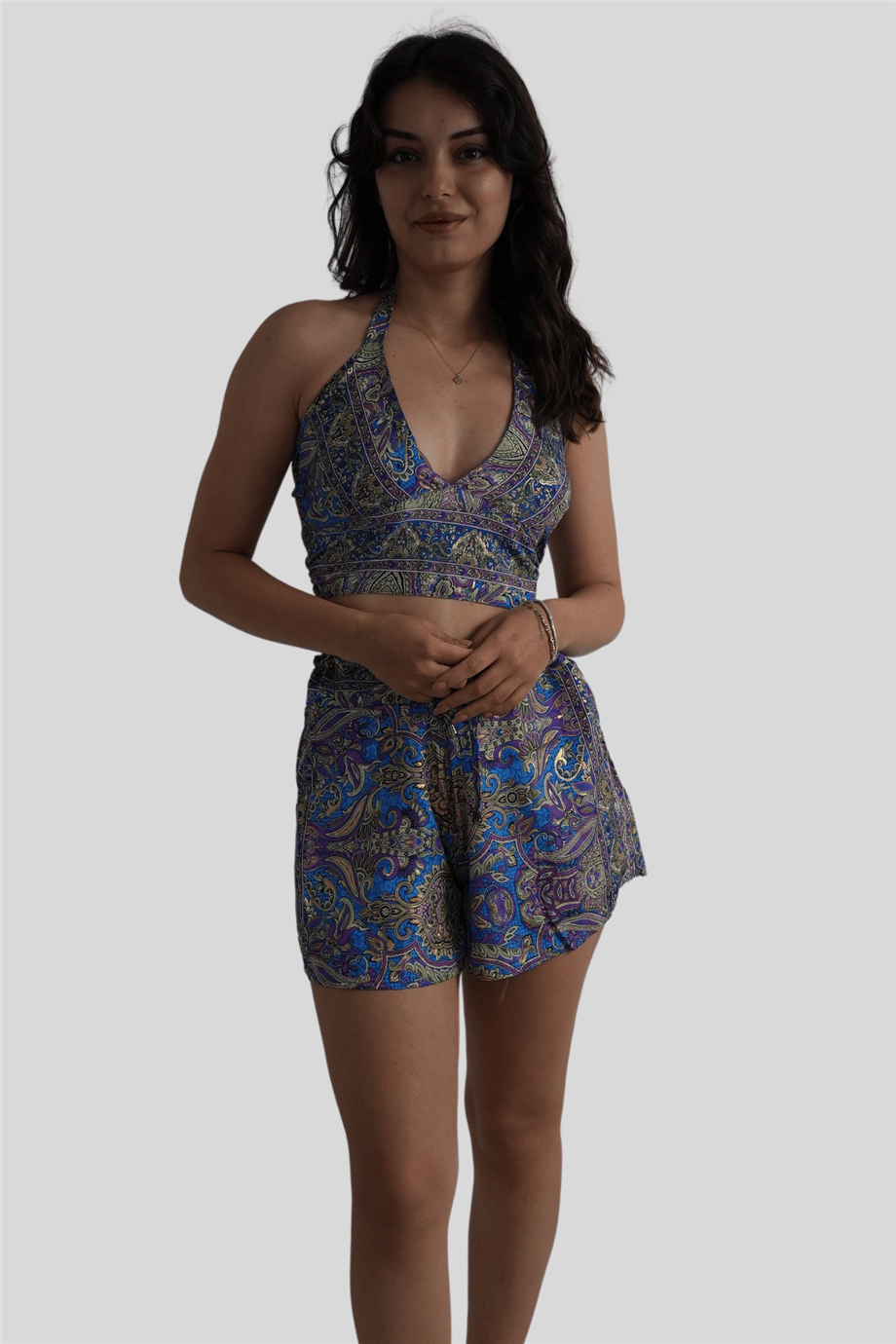 Mavi Gold Detaylı Şort Crop Takım