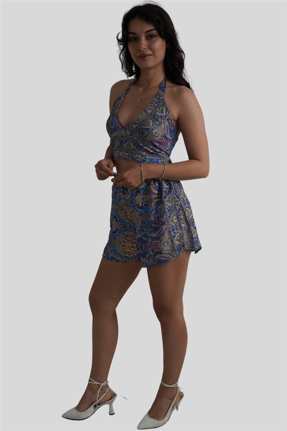 Mavi Gold Detaylı Şort Crop Takım
