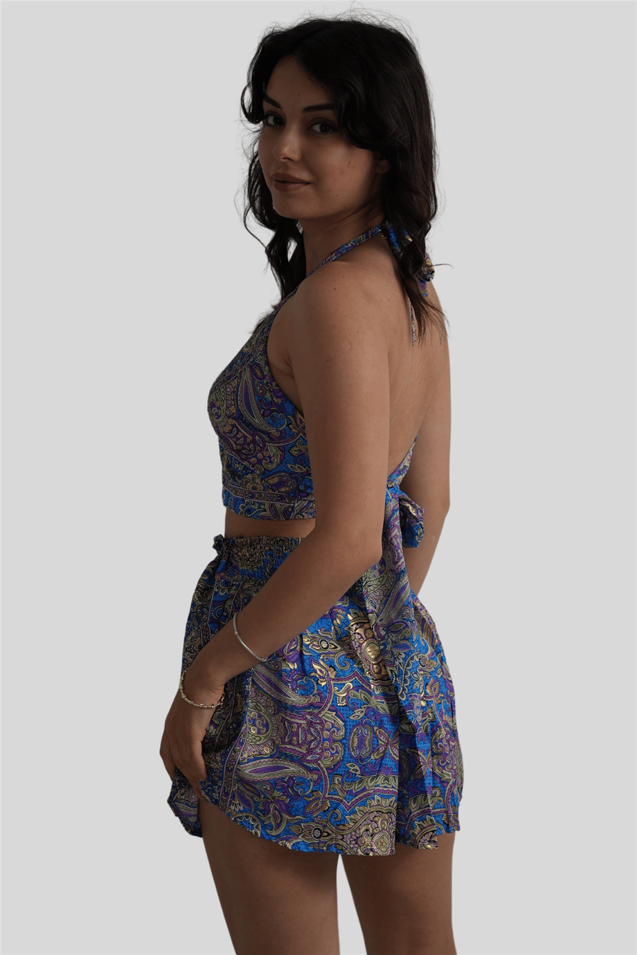 Mavi Gold Detaylı Şort Crop Takım