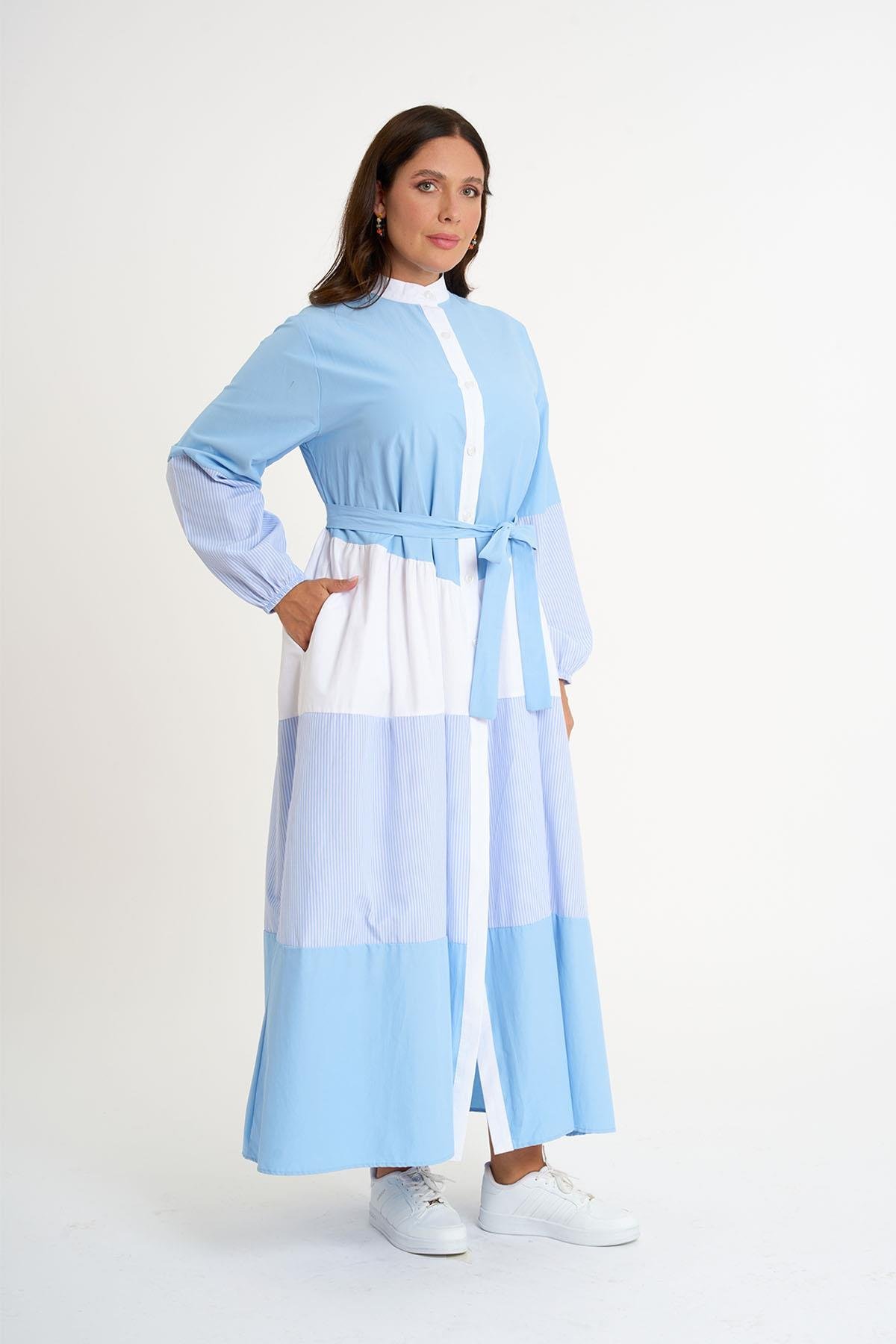 Üç renkli orta çizgili elbise SKYBLUE
