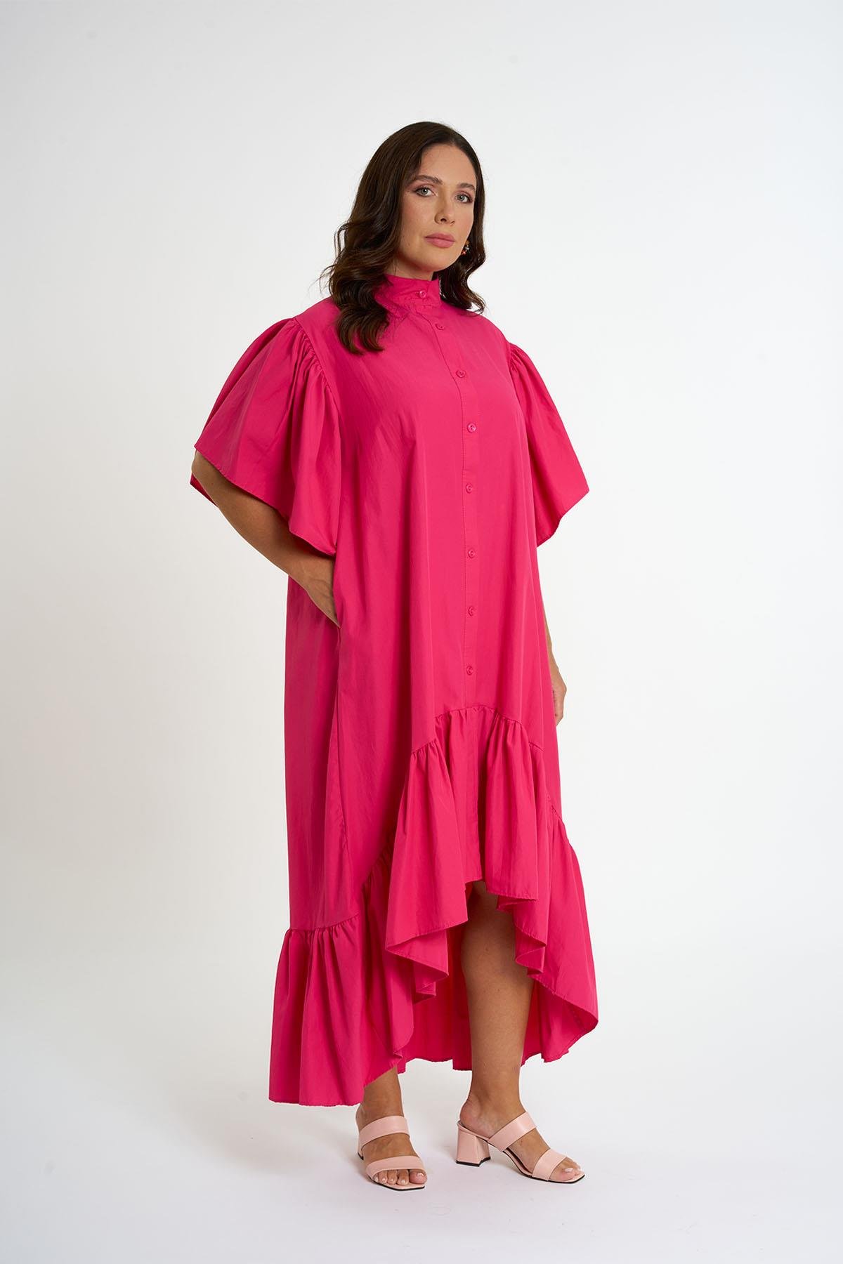 Kolları Fırfırlı Gömlek Elbise | Pembe