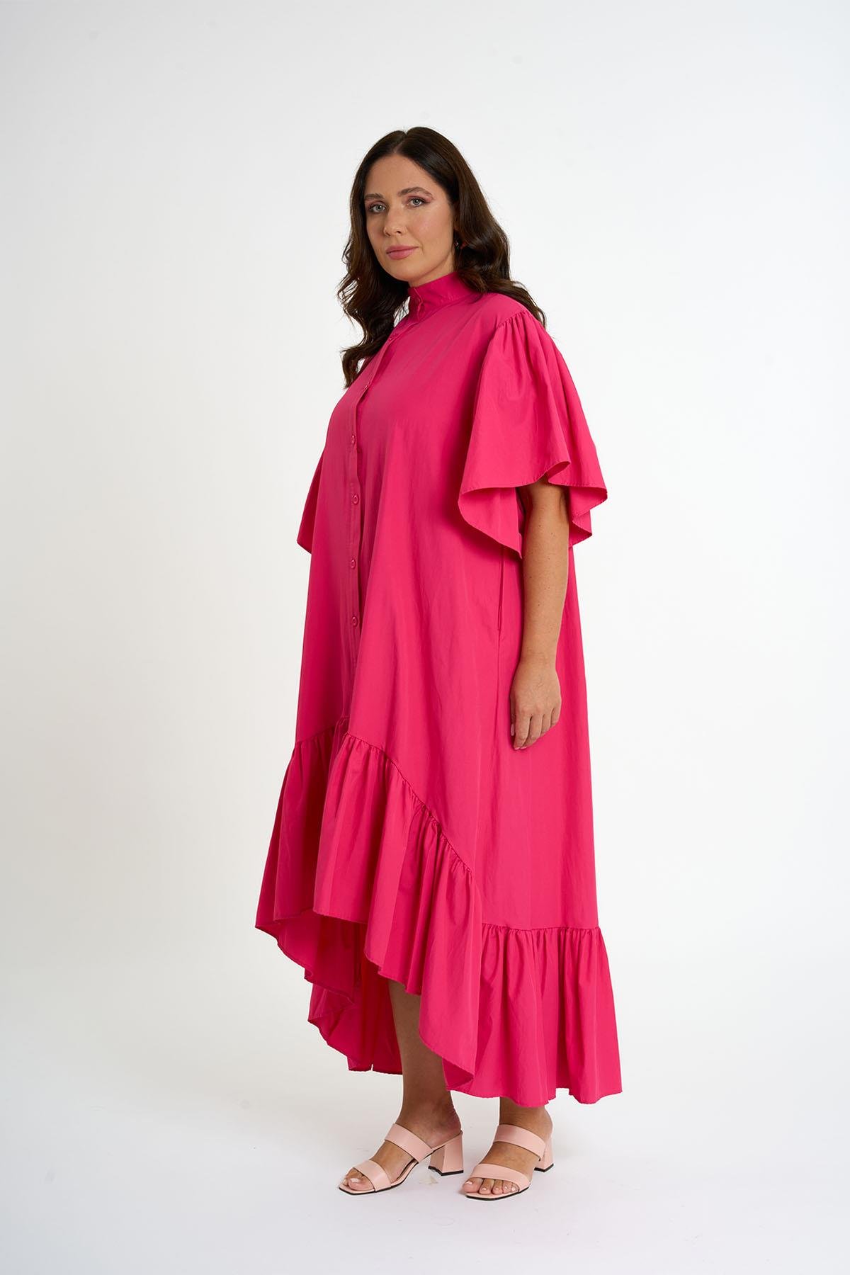Kolları Fırfırlı Gömlek Elbise | Pembe