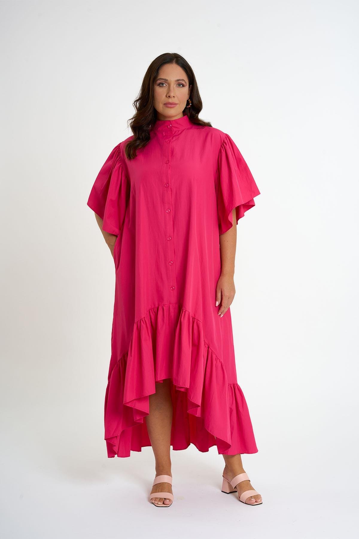 Kolları Fırfırlı Gömlek Elbise | Pembe