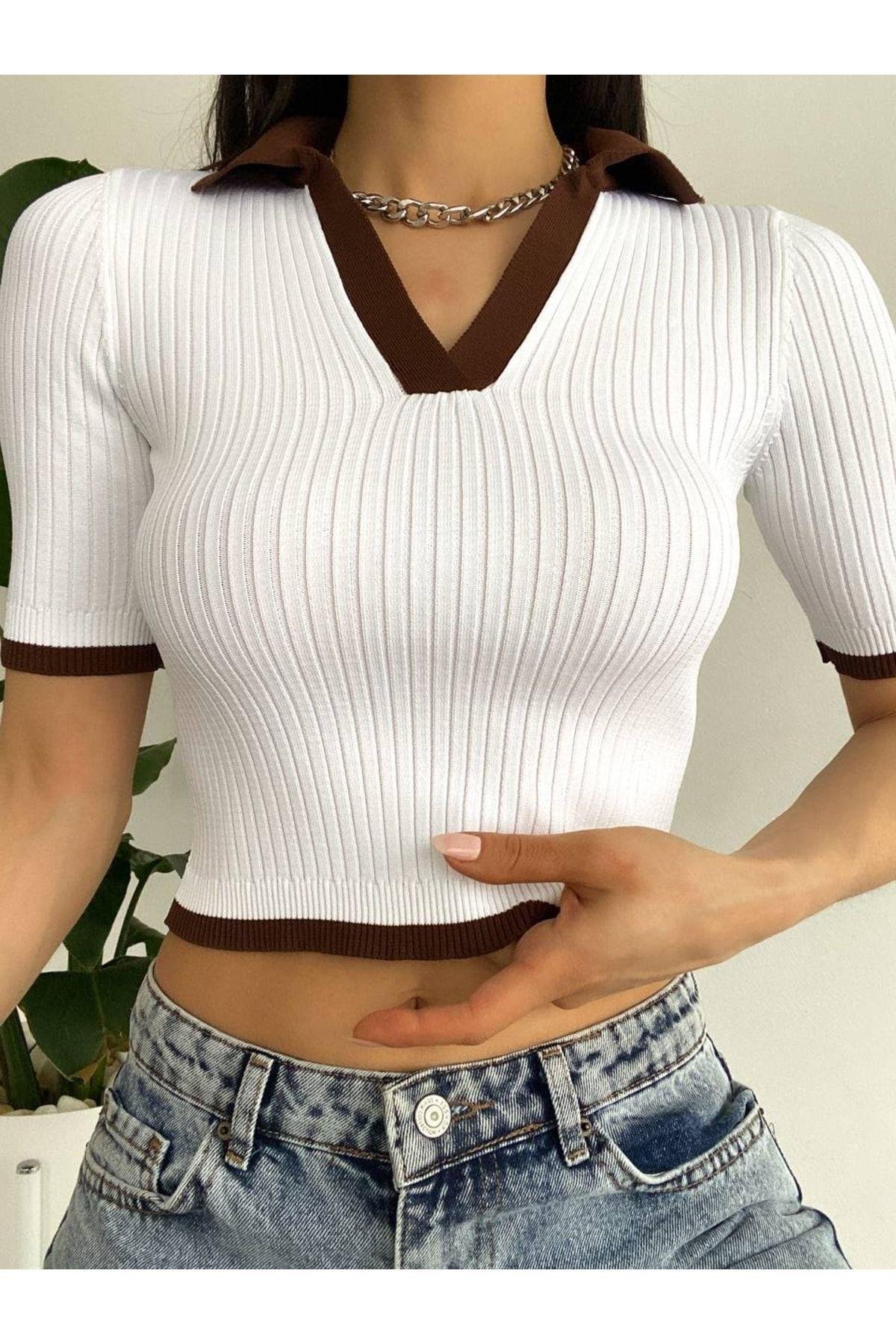 Kadın Beyaz Kahve Yakası Renkli Polo Yaka Fitilli Kısa Kollu Triko Crop Bluz