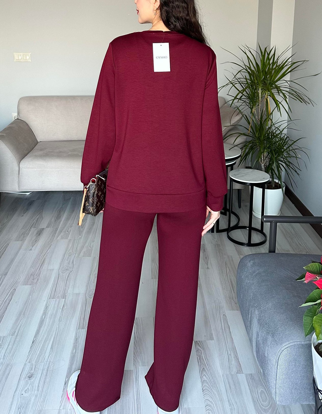Kadın Bordo Broş Detaylı Oys Premium Pamuklu Modal Kumaş Tunik Sweatshirt ve Pantolon Alt Üst Takım Lüx İkili Takım