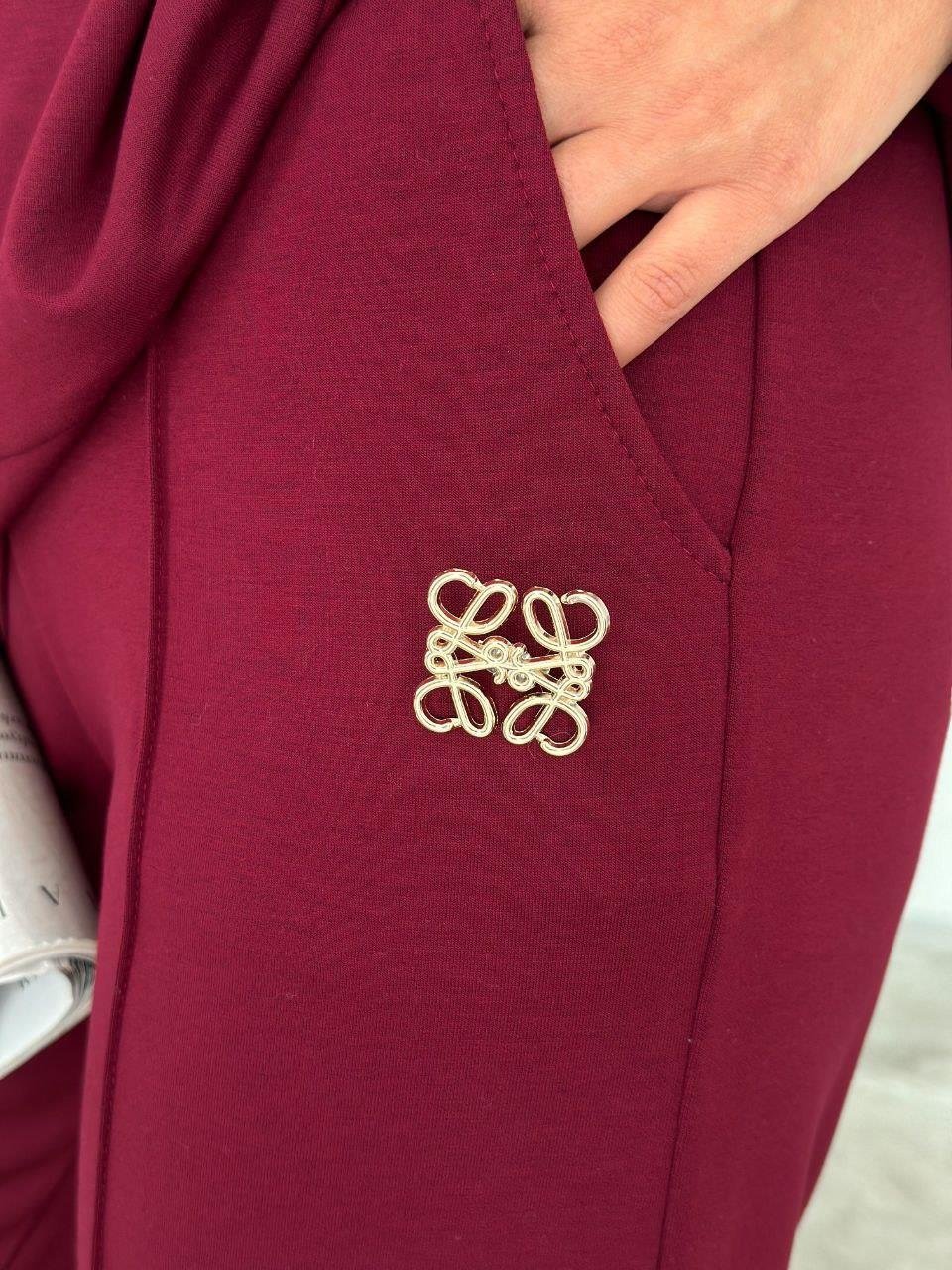 Kadın Bordo Broş Detaylı Oys Premium Pamuklu Modal Kumaş Tunik Sweatshirt ve Pantolon Alt Üst Takım Lüx İkili Takım