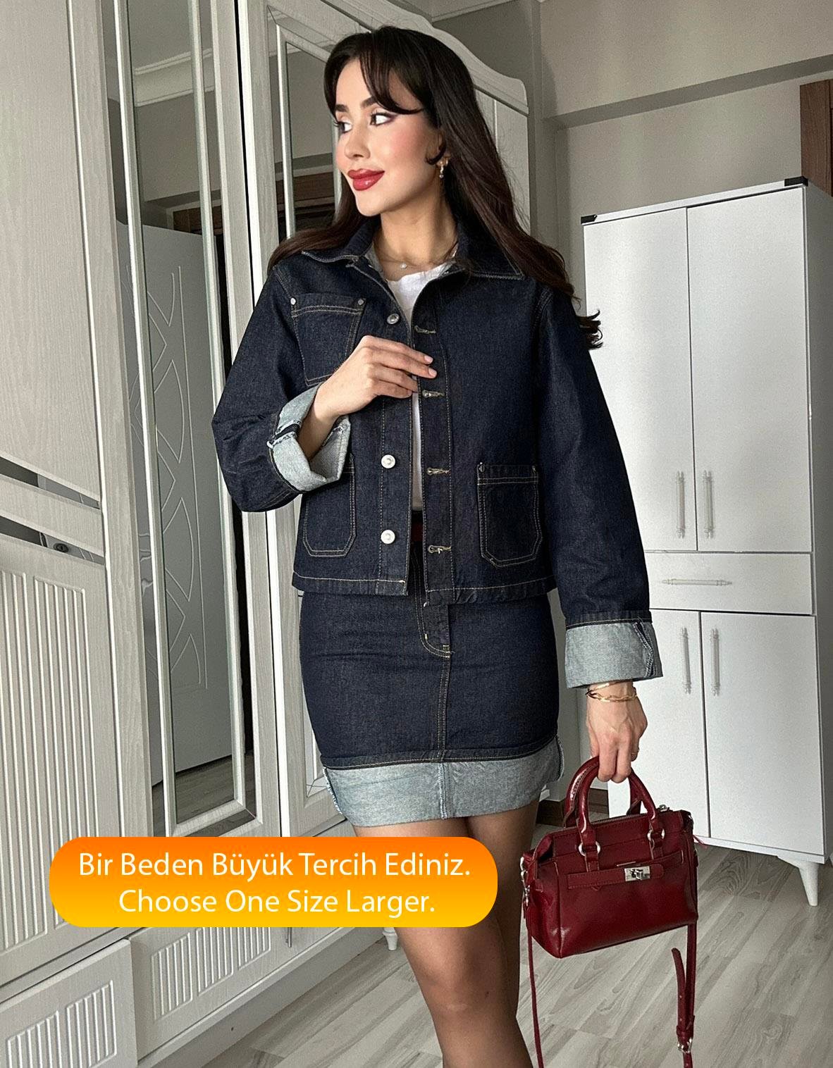 Kadın Lacivert Kot Ceket ve Etek İkili Takım Cepli Tasarım Katlamalı Jean Denim Alt Üst Takım 