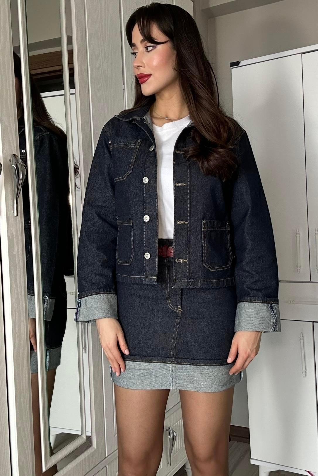 Kadın Lacivert Kot Ceket ve Etek İkili Takım Cepli Tasarım Katlamalı Jean Denim Alt Üst Takım 