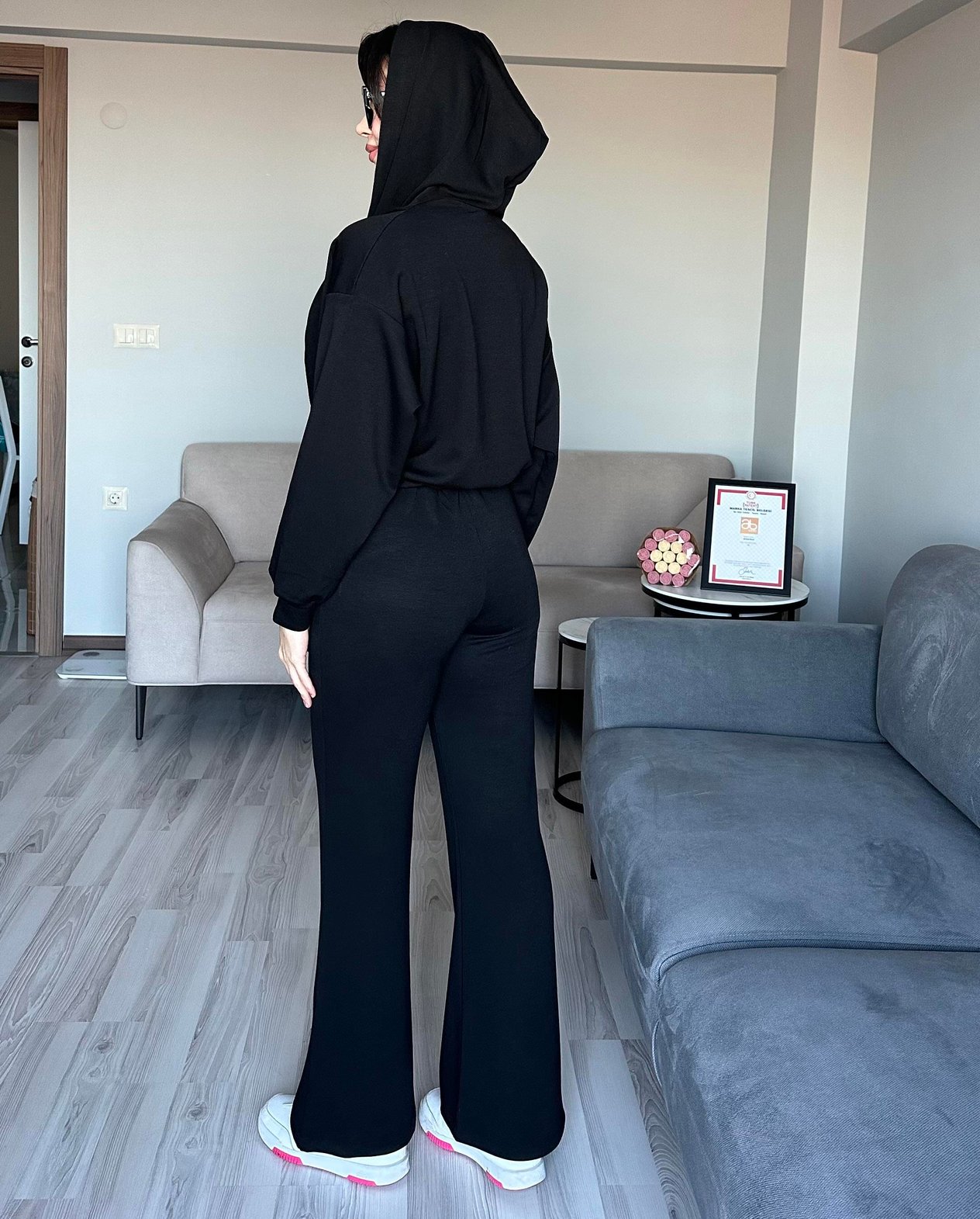 Kadın Siyah Oys Premium Pamuklu Modal Kumaş Kapüşonlu Sweatshirt ve Pantolon Alt Üst Takım Lüx İkili Takım