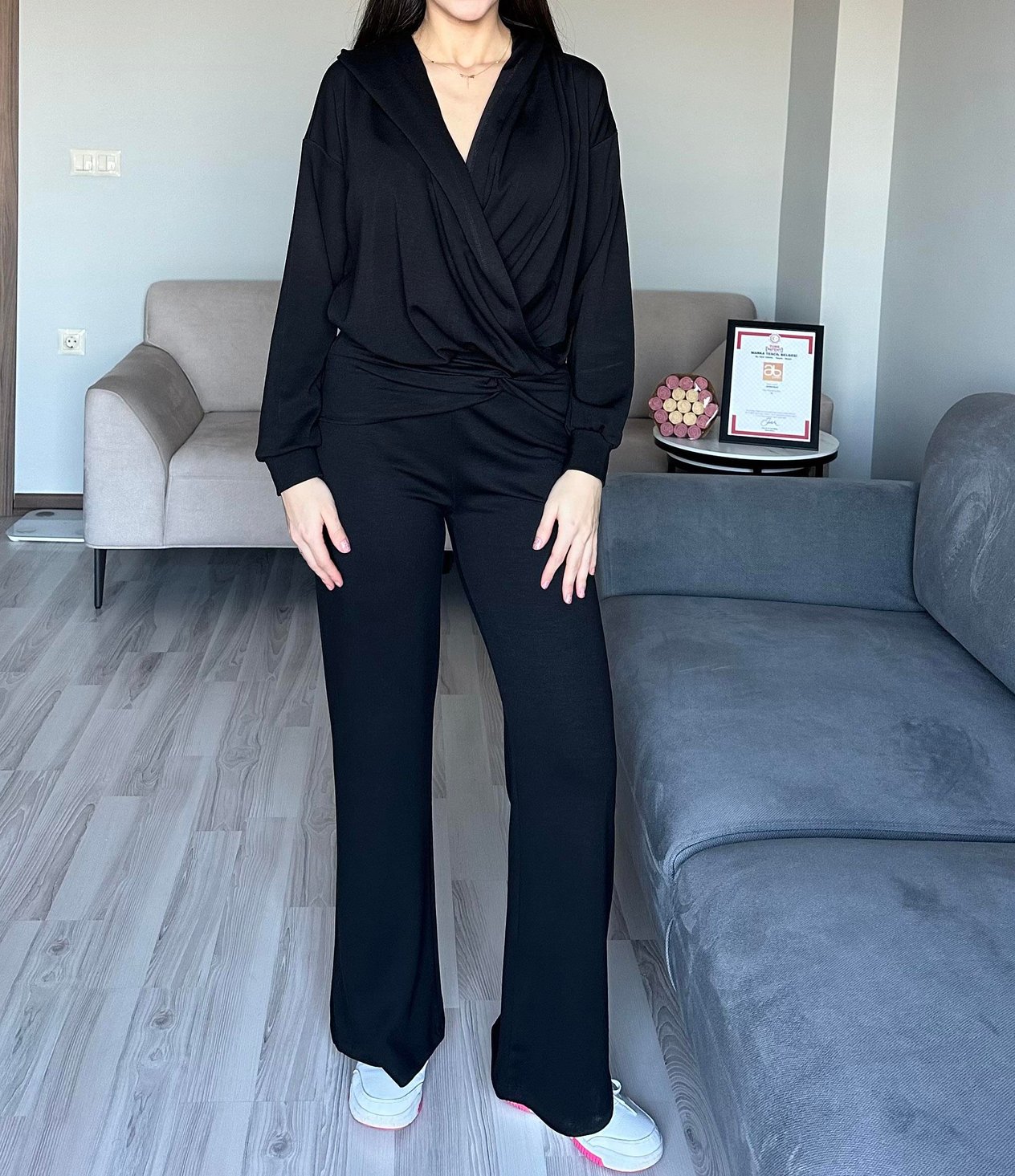 Kadın Siyah Oys Premium Pamuklu Modal Kumaş Kapüşonlu Sweatshirt ve Pantolon Alt Üst Takım Lüx İkili Takım