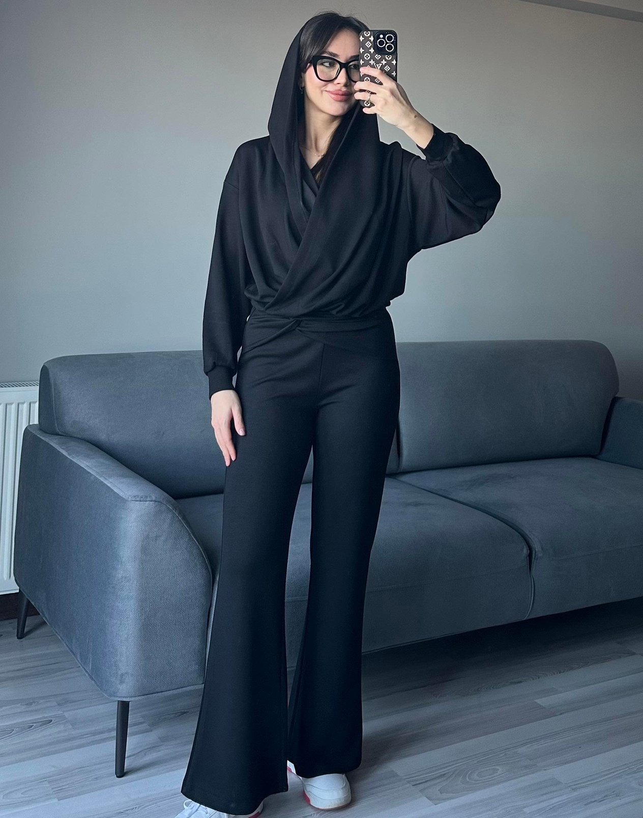Kadın Siyah Oys Premium Pamuklu Modal Kumaş Kapüşonlu Sweatshirt ve Pantolon Alt Üst Takım Lüx İkili Takım