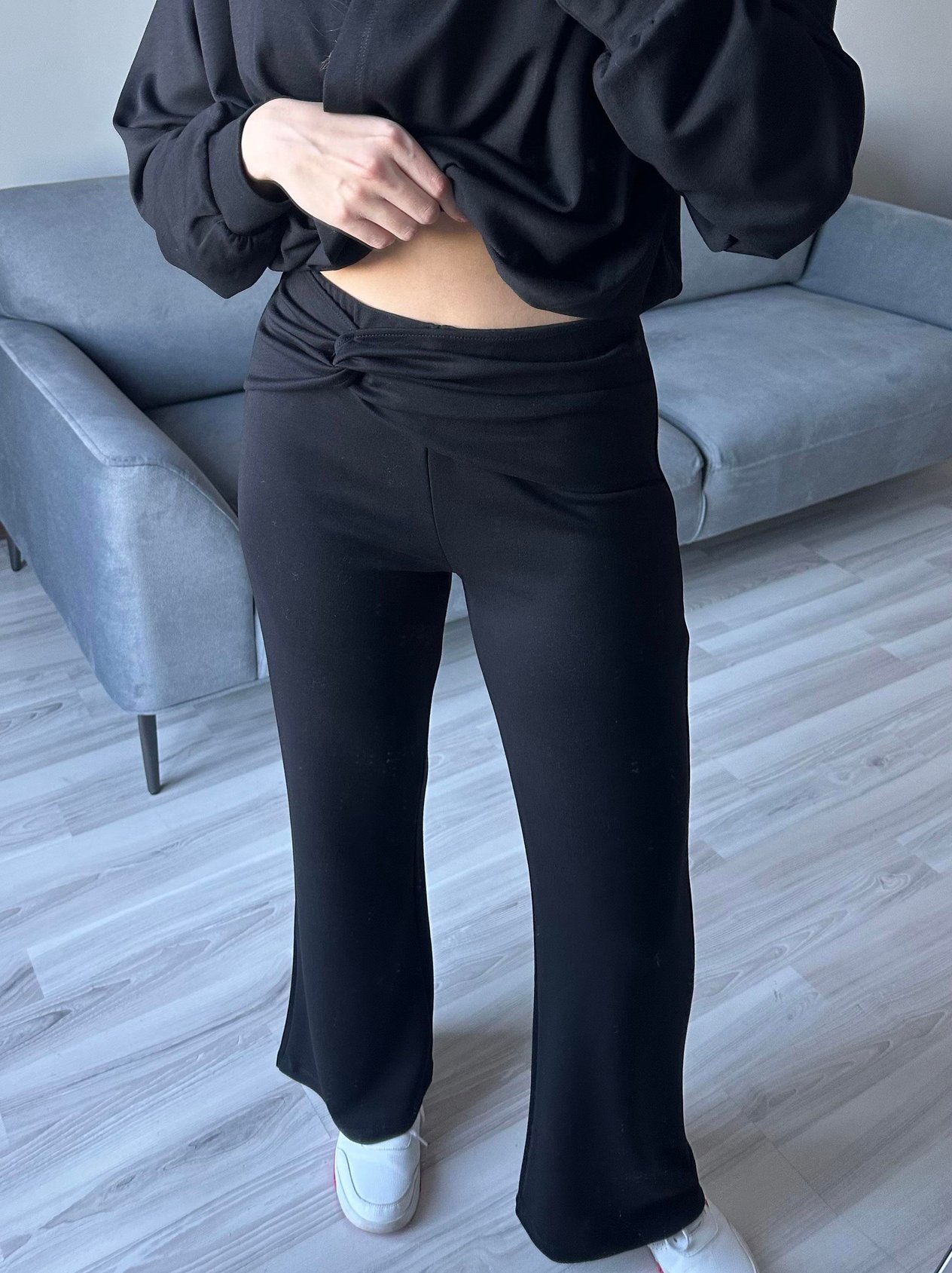 Kadın Siyah Oys Premium Pamuklu Modal Kumaş Kapüşonlu Sweatshirt ve Pantolon Alt Üst Takım Lüx İkili Takım