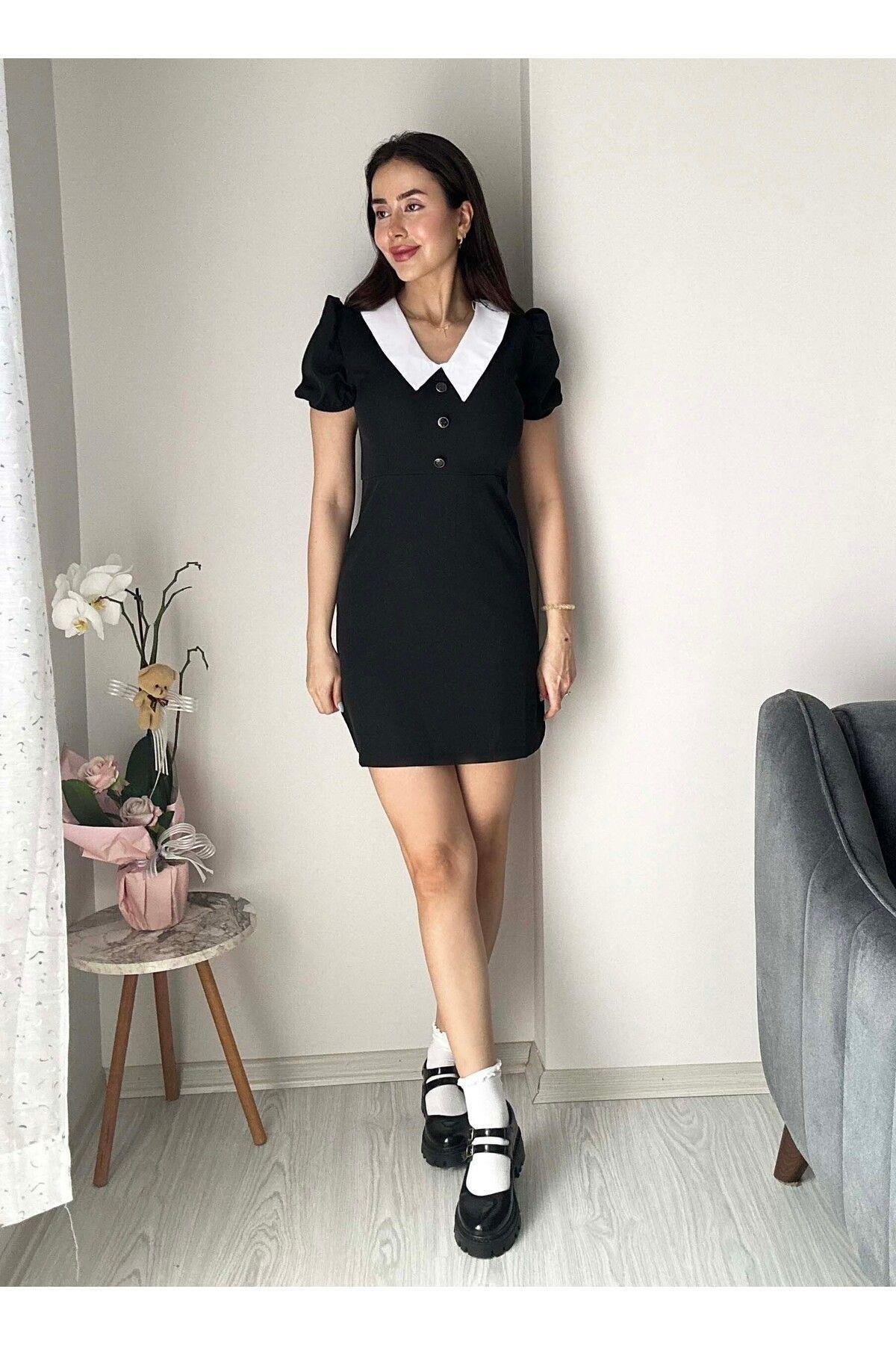 Kadın Siyah Vintage Beyaz Gömlek Yakalı Vücuda Oturan Esnek Kısa Kollu Mini Elbise Wednesday Elbise
