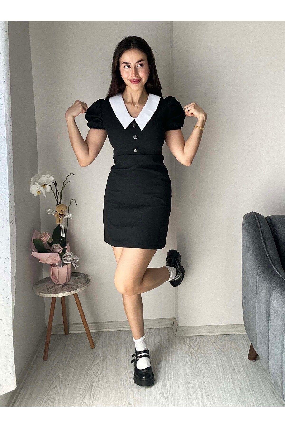 Kadın Siyah Vintage Beyaz Gömlek Yakalı Vücuda Oturan Esnek Kısa Kollu Mini Elbise Wednesday Elbise
