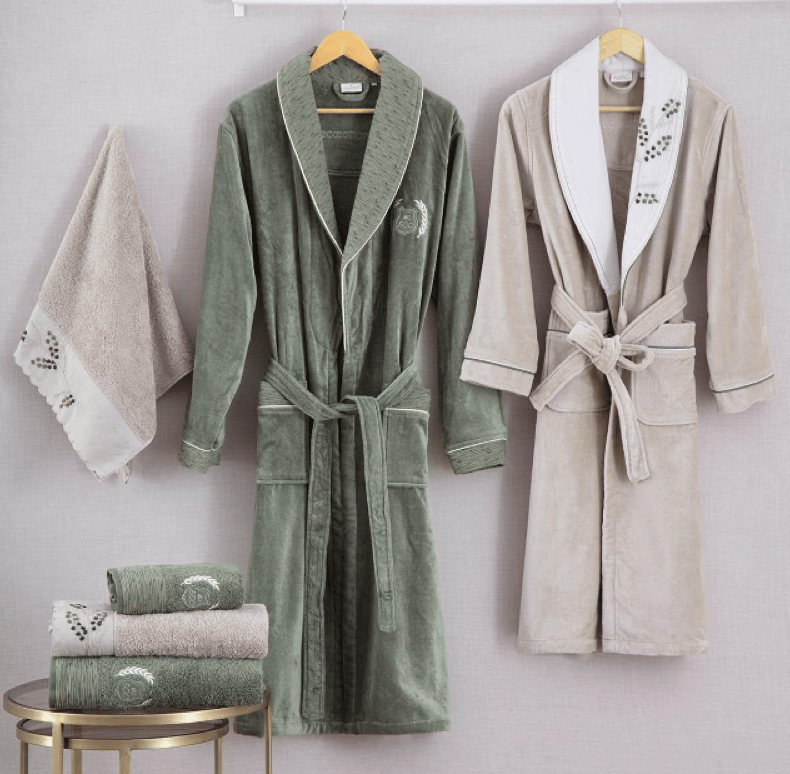 Ecocotton Derin %100 Organik Pamuk Bej-Yeşil Nakışlı Bornoz Seti - Güzel Home - Bornoz ve Bornoz Takımı
