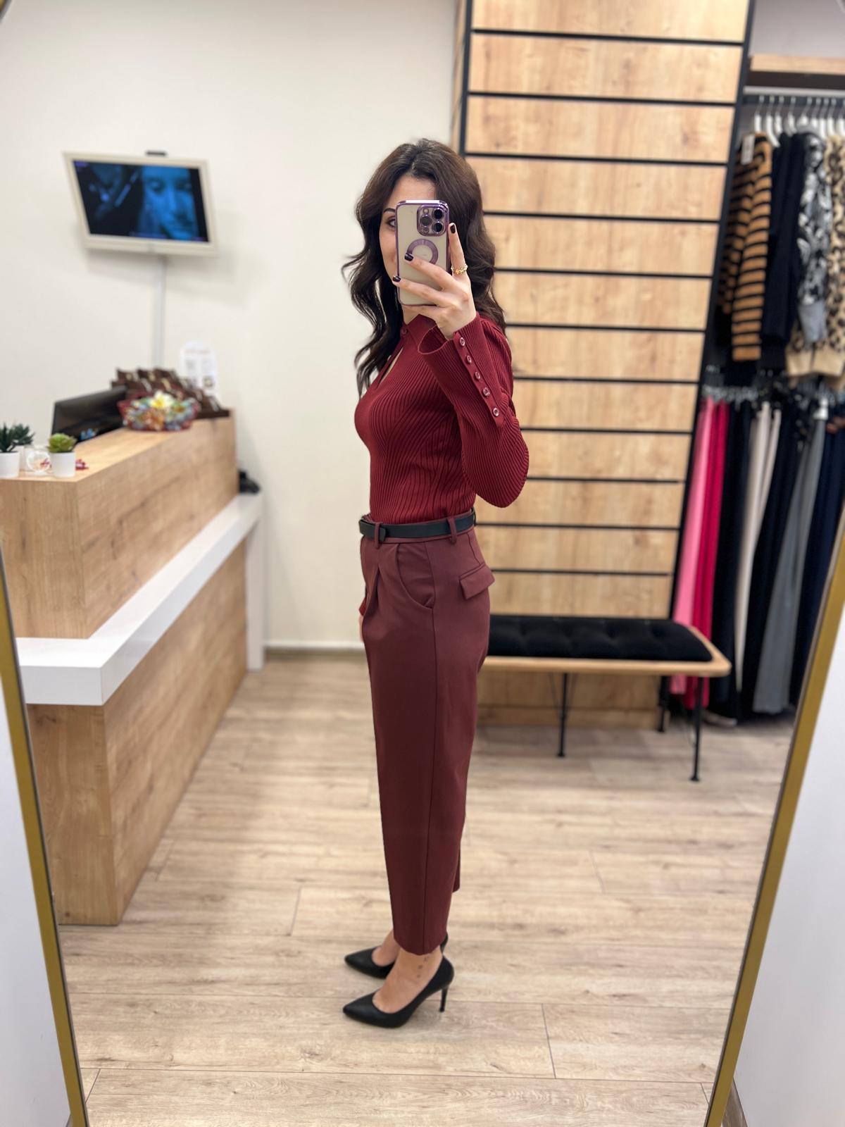 Bordo Havuç Kemerli Fit Pantolon